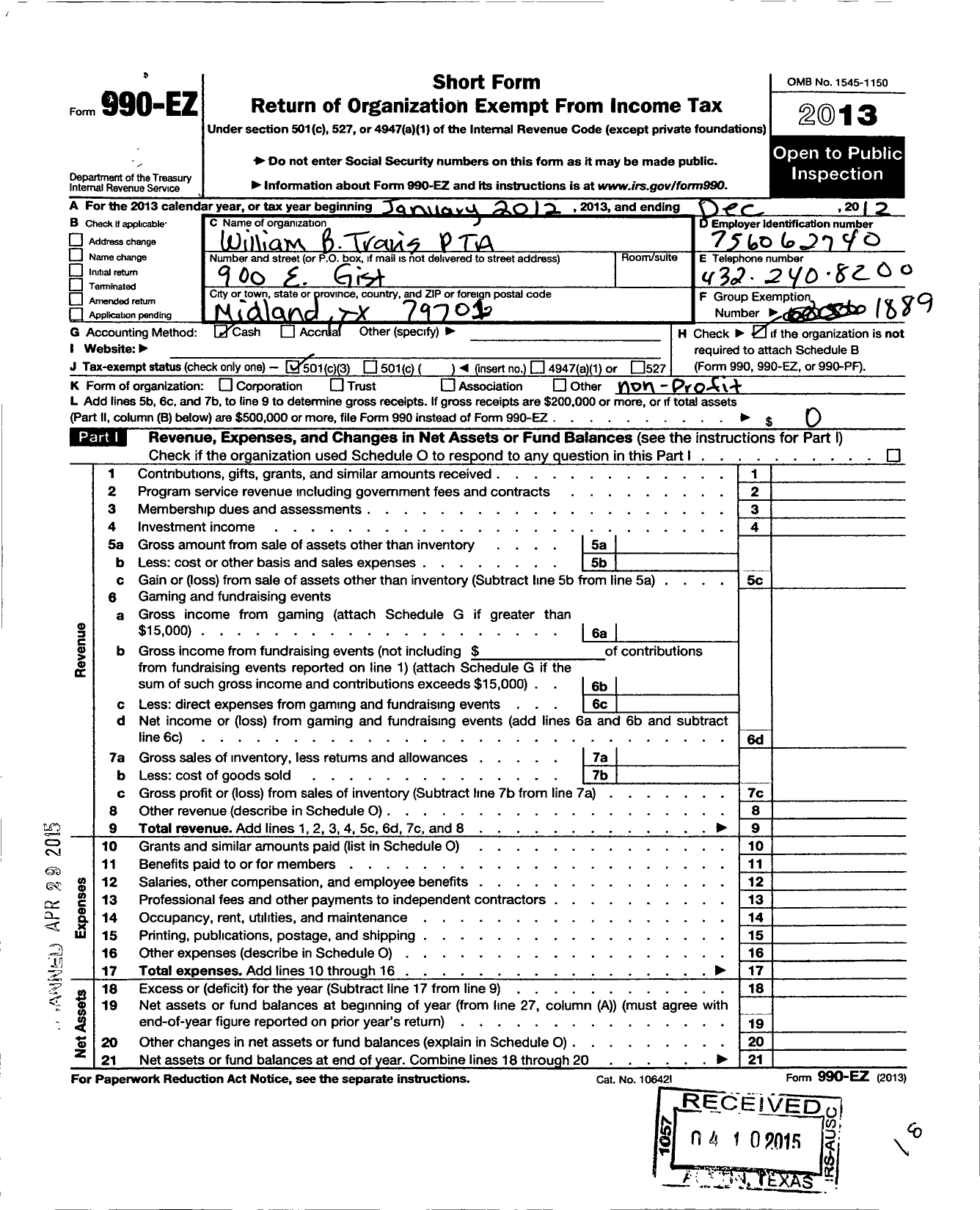Image of first page of 2012 Form 990EZ for Texas PTA - 6856 Travis Elementary