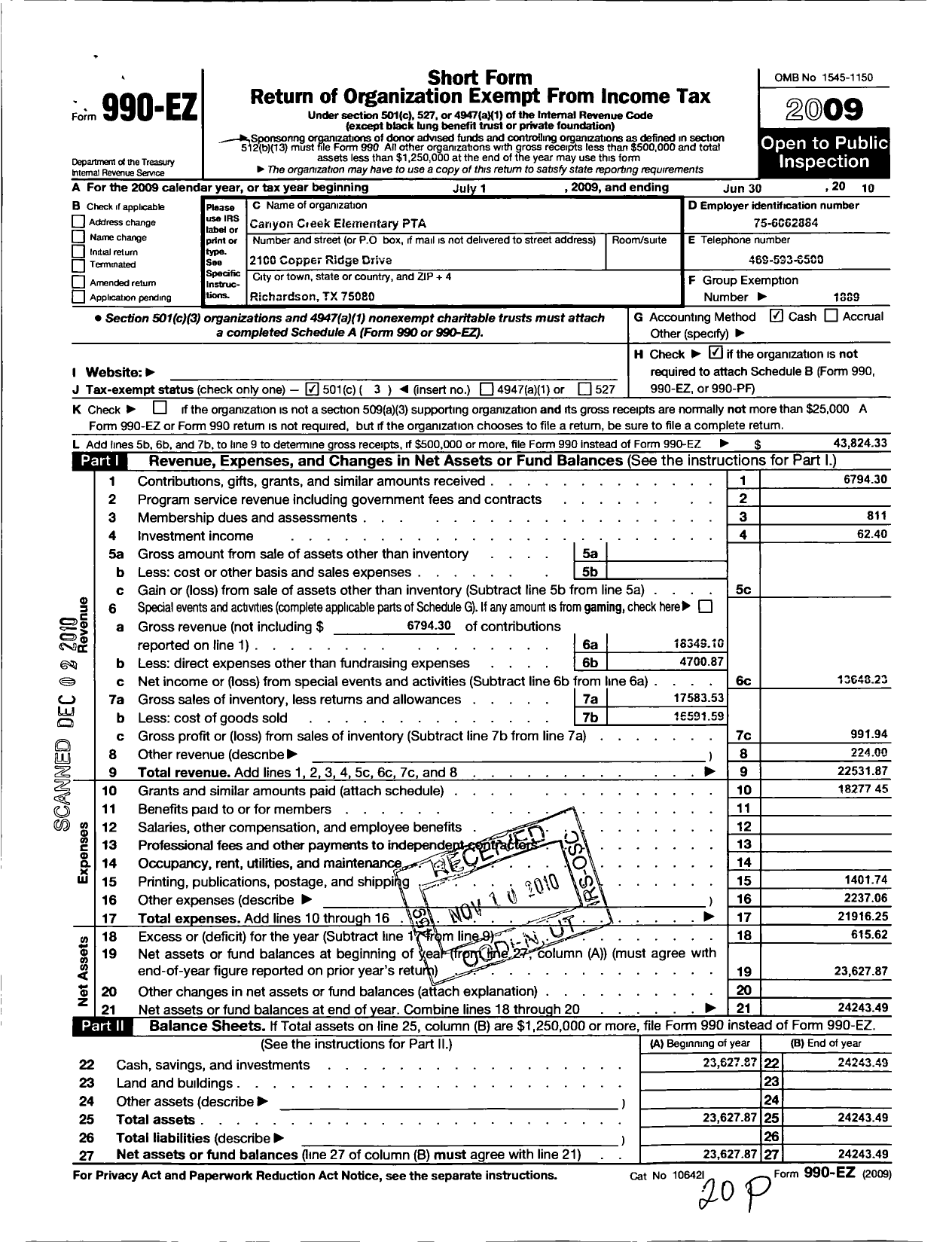 Image of first page of 2009 Form 990EZ for TEXAS PTA - 7640 Canyon Creek Elementary