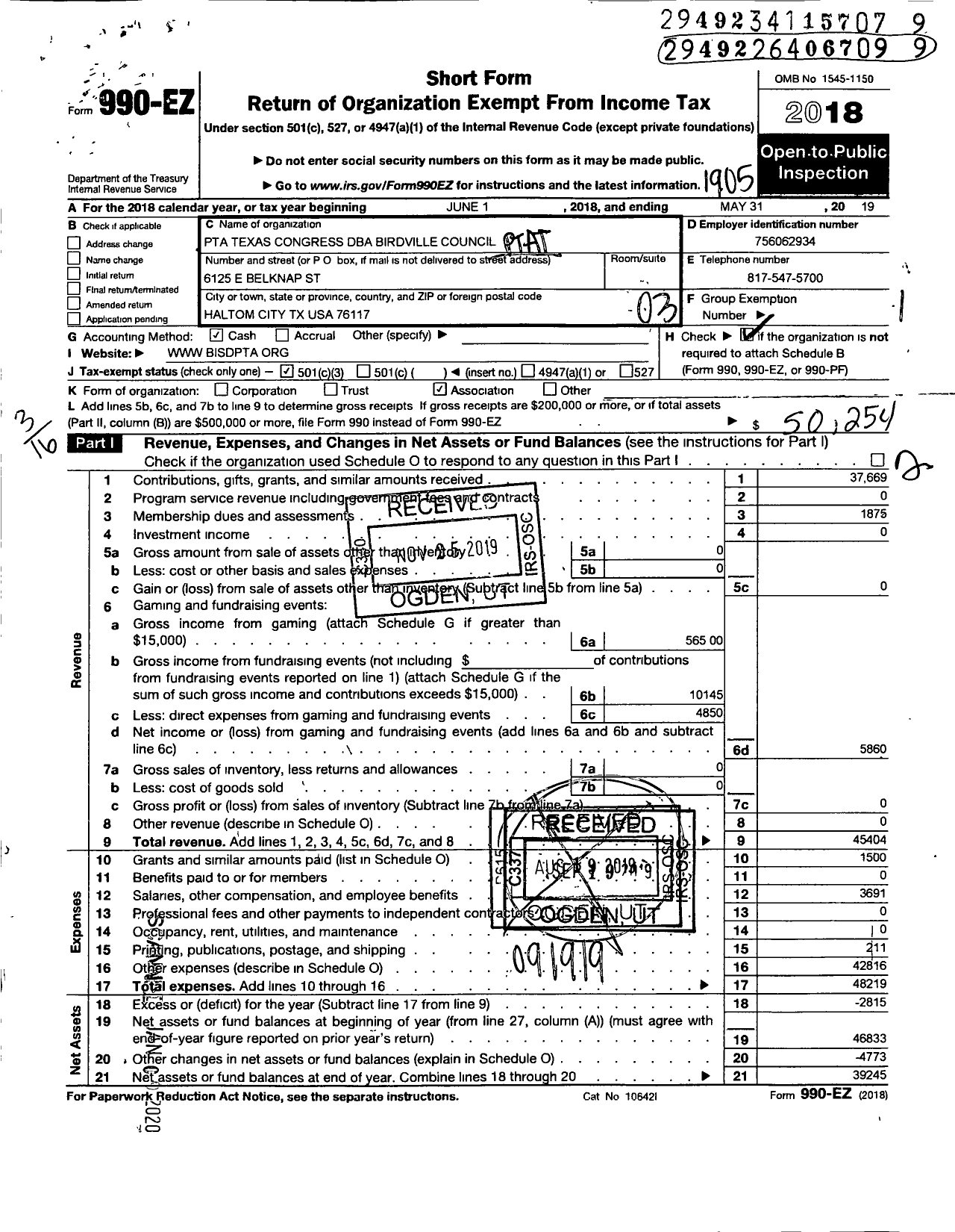 Image of first page of 2018 Form 990EZ for Texas PTA - Birdville Council