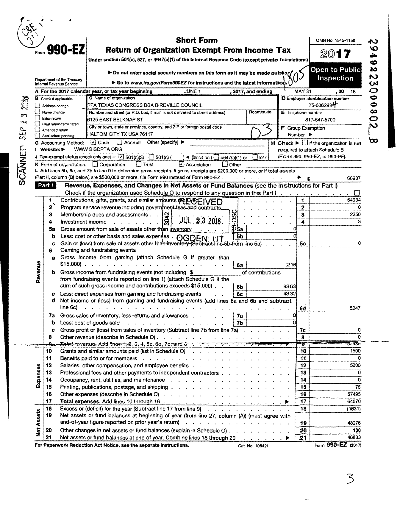 Image of first page of 2017 Form 990EZ for Texas PTA - Birdville Council