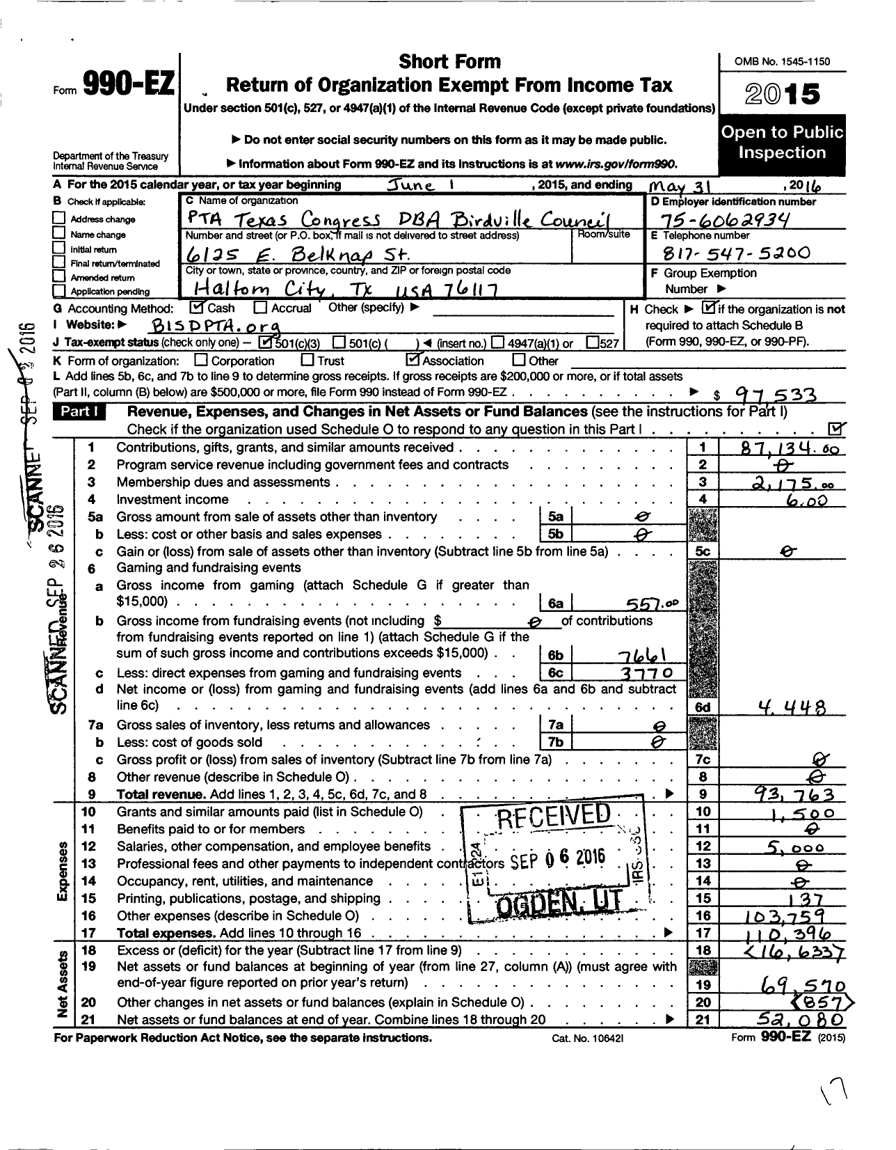 Image of first page of 2015 Form 990EZ for Texas PTA - Birdville Council