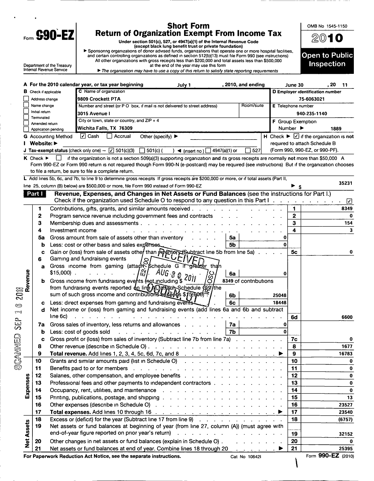 Image of first page of 2010 Form 990EZ for Texas PTA - 9809 Crockett Elementary