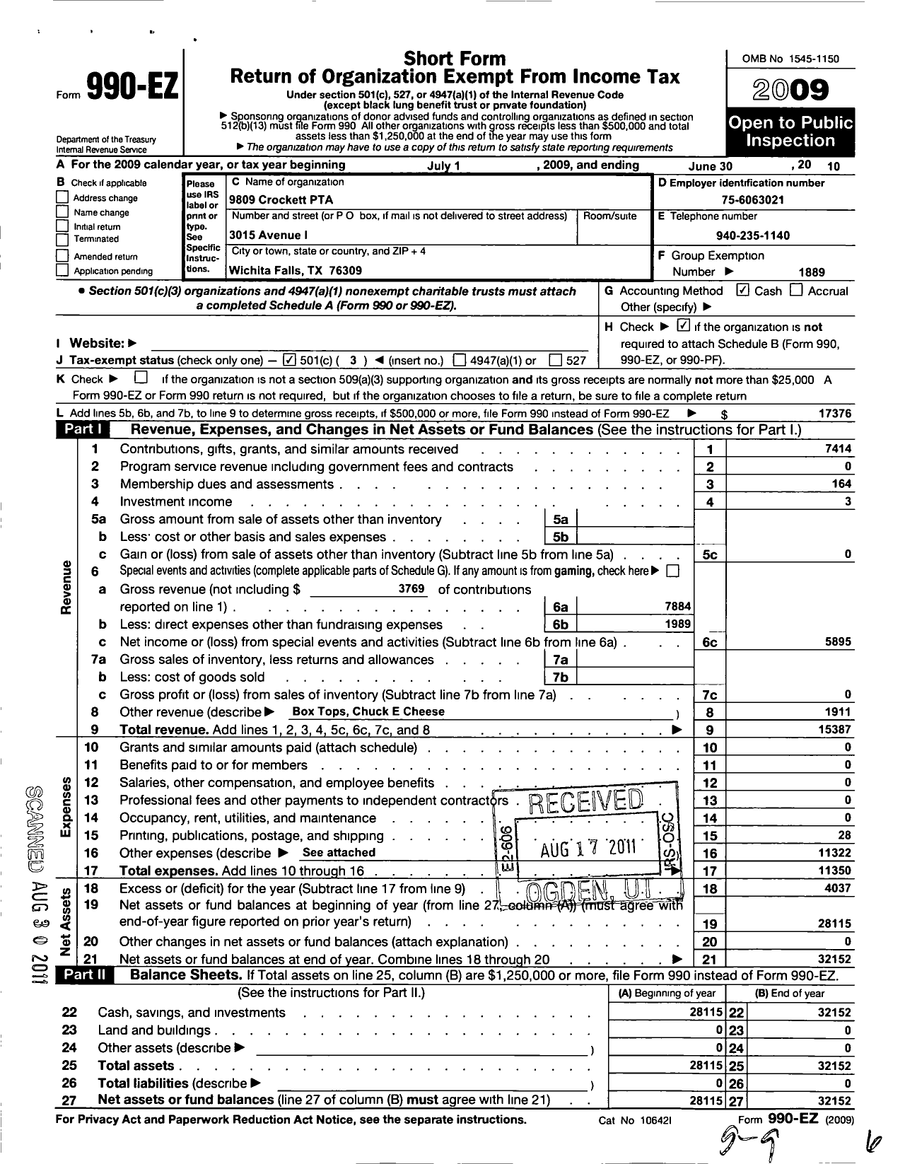 Image of first page of 2009 Form 990EZ for Texas PTA - 9809 Crockett Elementary