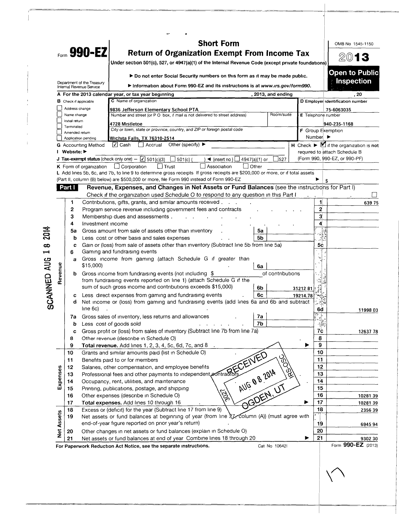 Image of first page of 2013 Form 990EZ for Texas PTA - 9836 Jefferson Elementary PTA