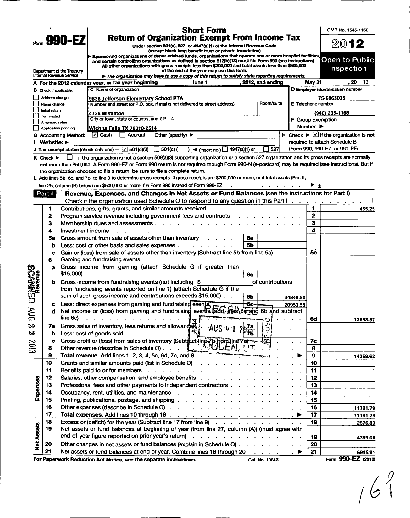 Image of first page of 2012 Form 990EZ for Texas PTA - 9836 Jefferson Elementary PTA