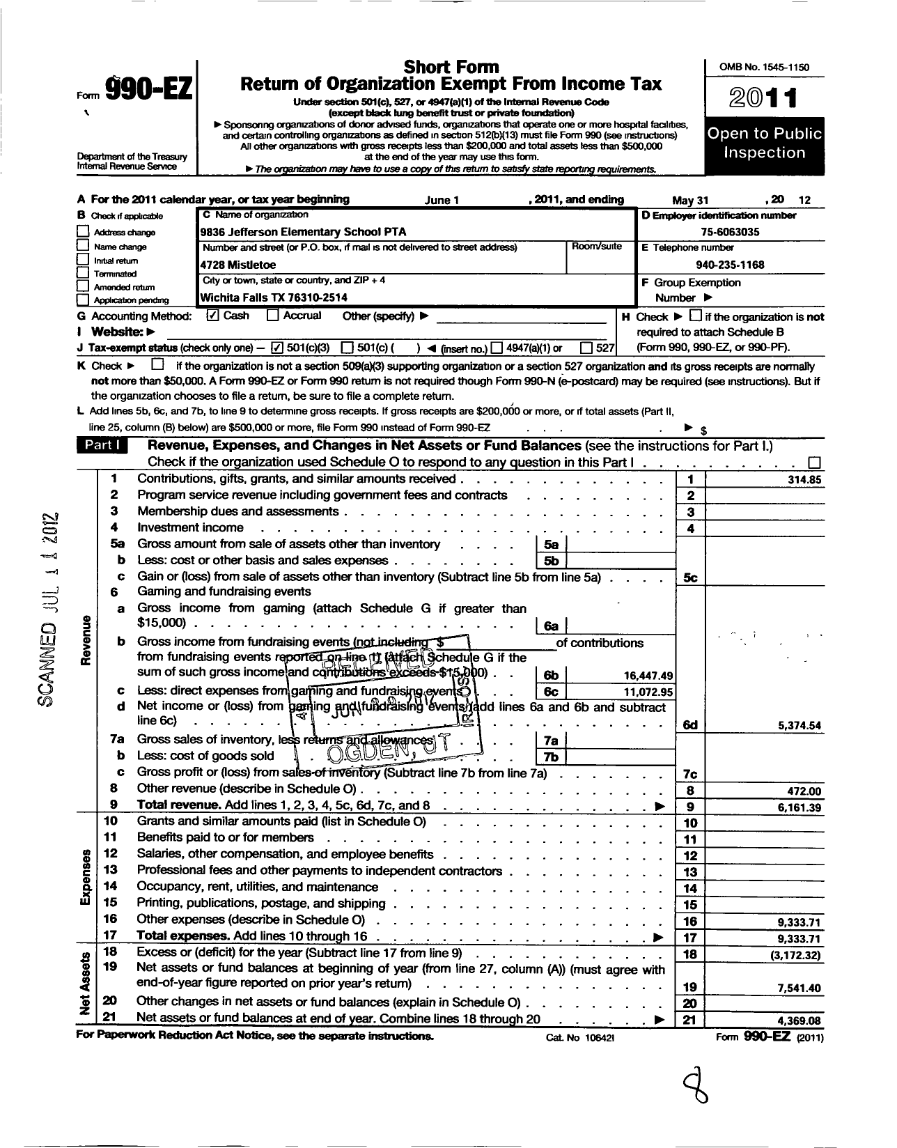 Image of first page of 2011 Form 990EZ for Texas PTA - 9836 Jefferson Elementary PTA