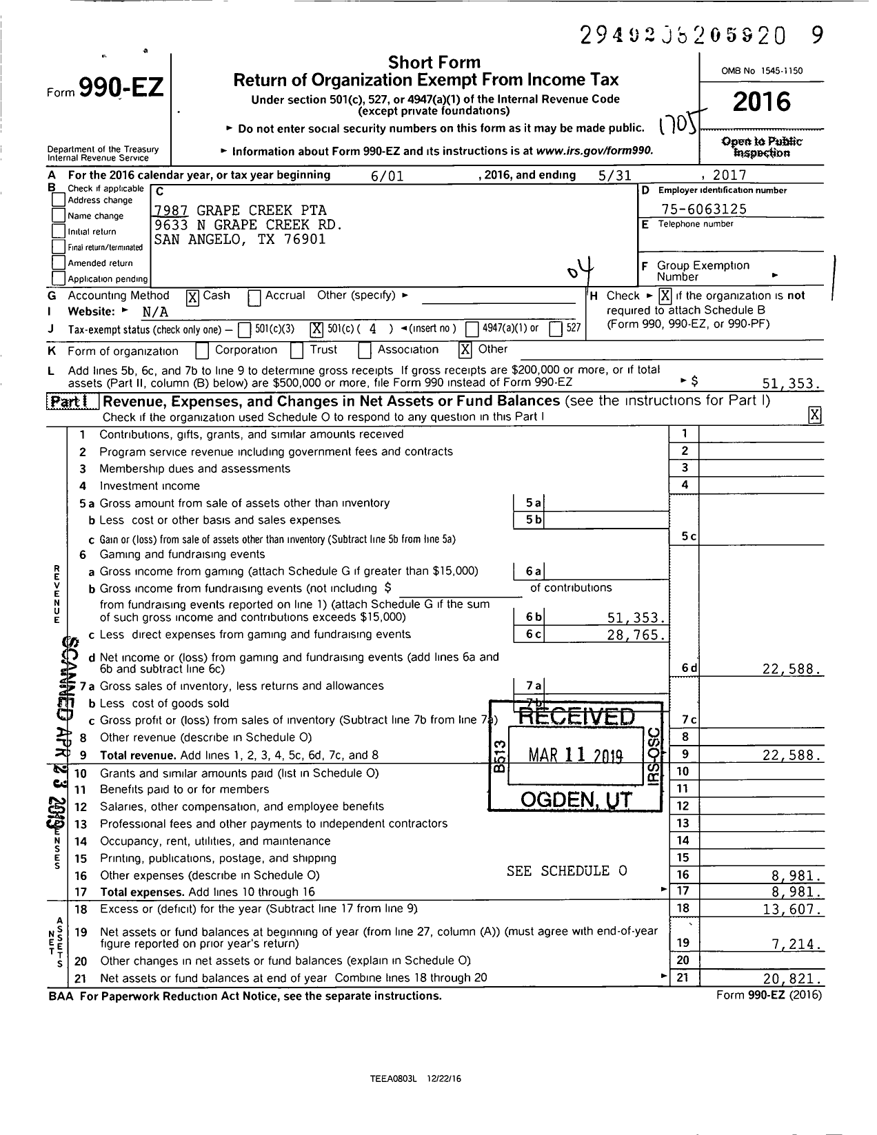 Image of first page of 2016 Form 990EO for Texas PTA - 7987 Grape Creek PTA