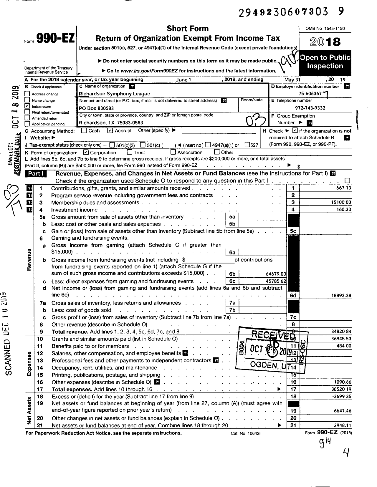 Image of first page of 2018 Form 990EZ for Richardson Symphony Orchestra Guild