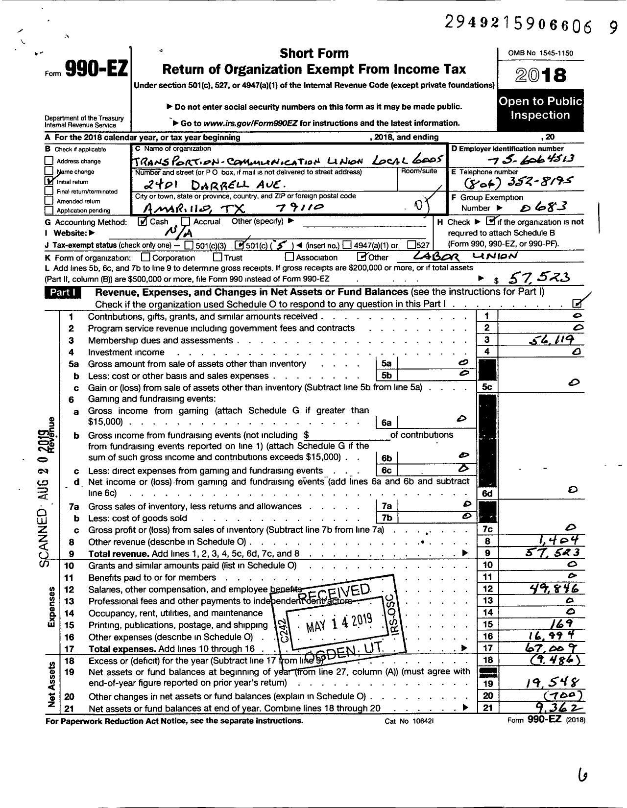 Image of first page of 2018 Form 990EO for Transportation-Communications Union / T6005 Lodge