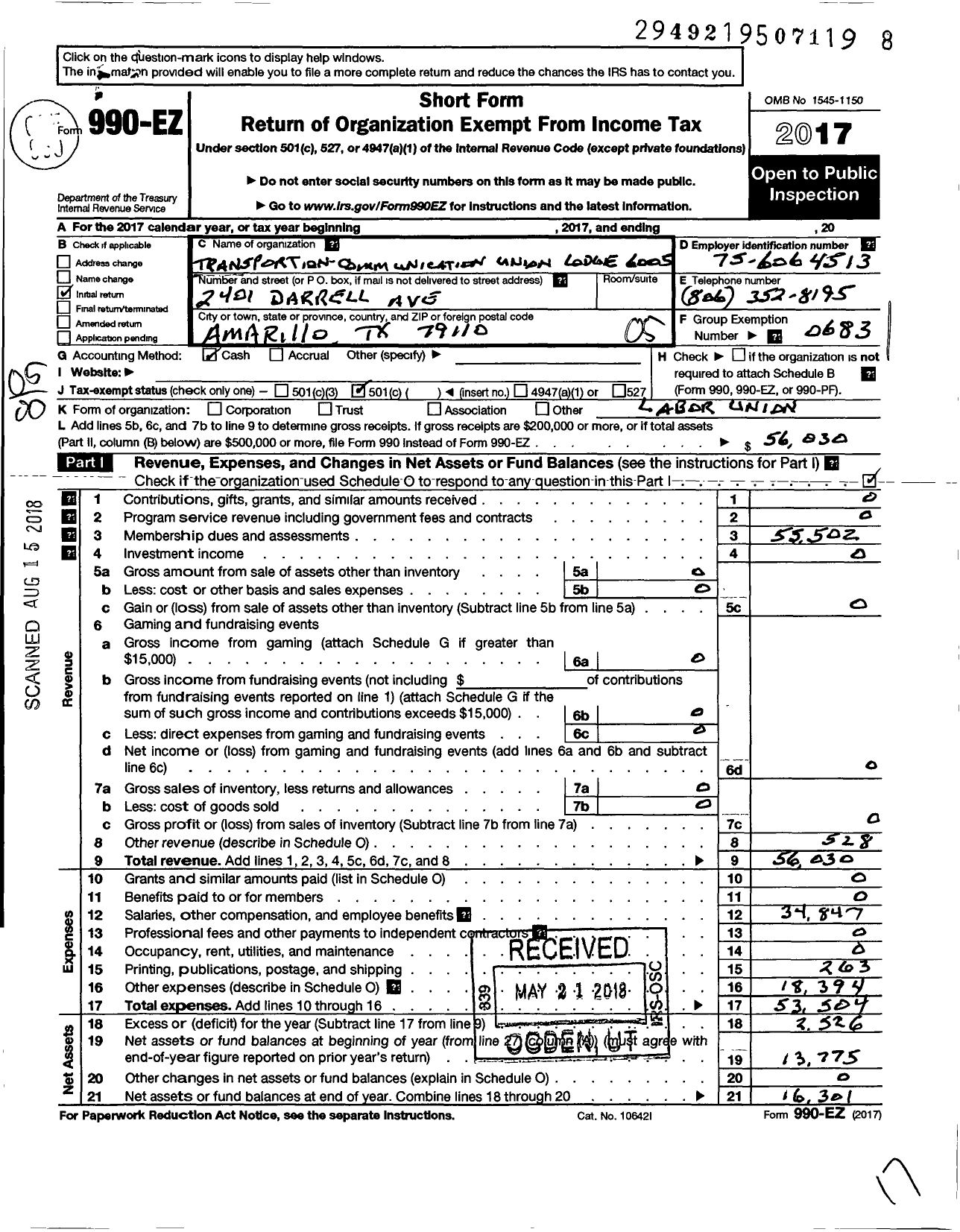 Image of first page of 2017 Form 990EO for Transportation-Communications Union / T6005 Lodge