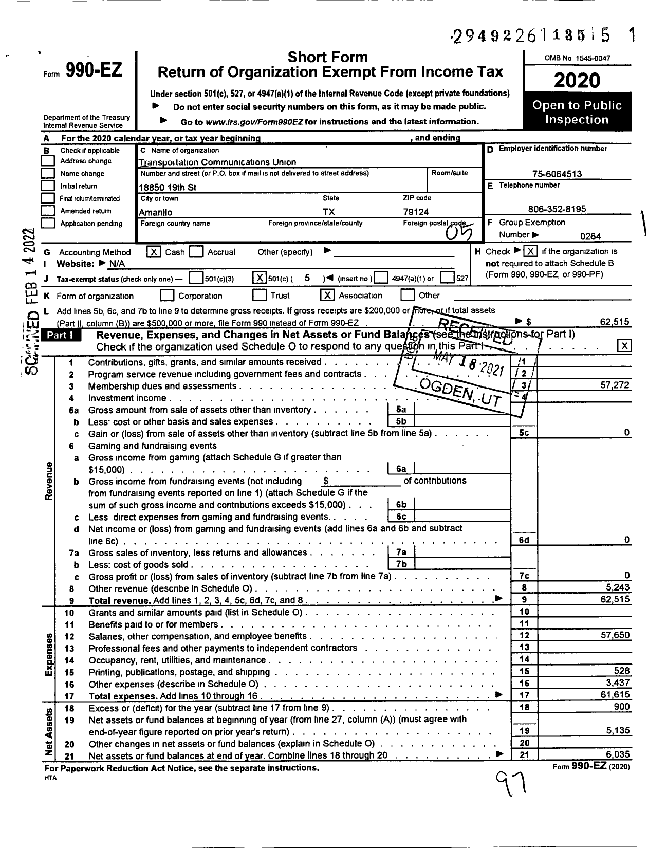 Image of first page of 2020 Form 990EO for Transportation-Communications Union / T6005 Lodge