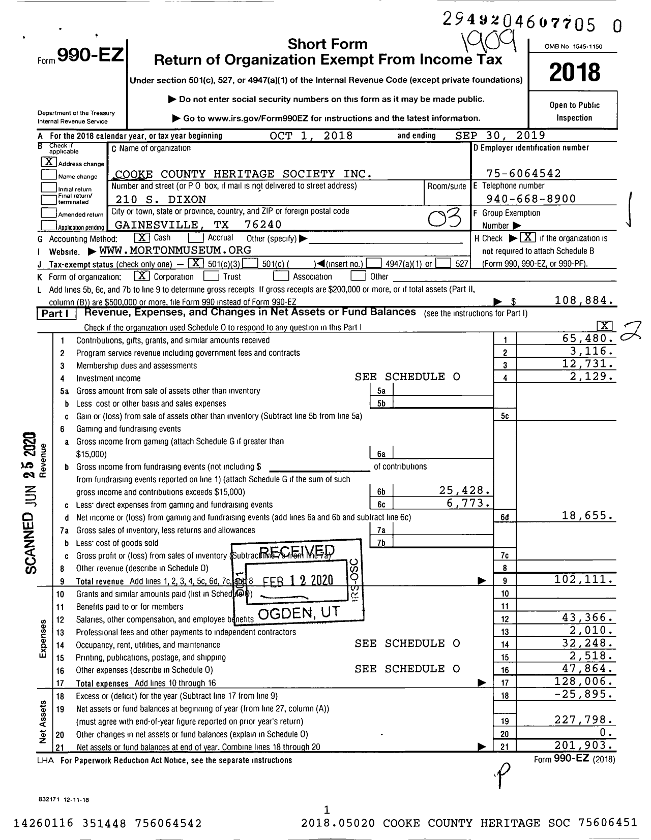 Image of first page of 2018 Form 990EZ for Cooke County Heritage Society