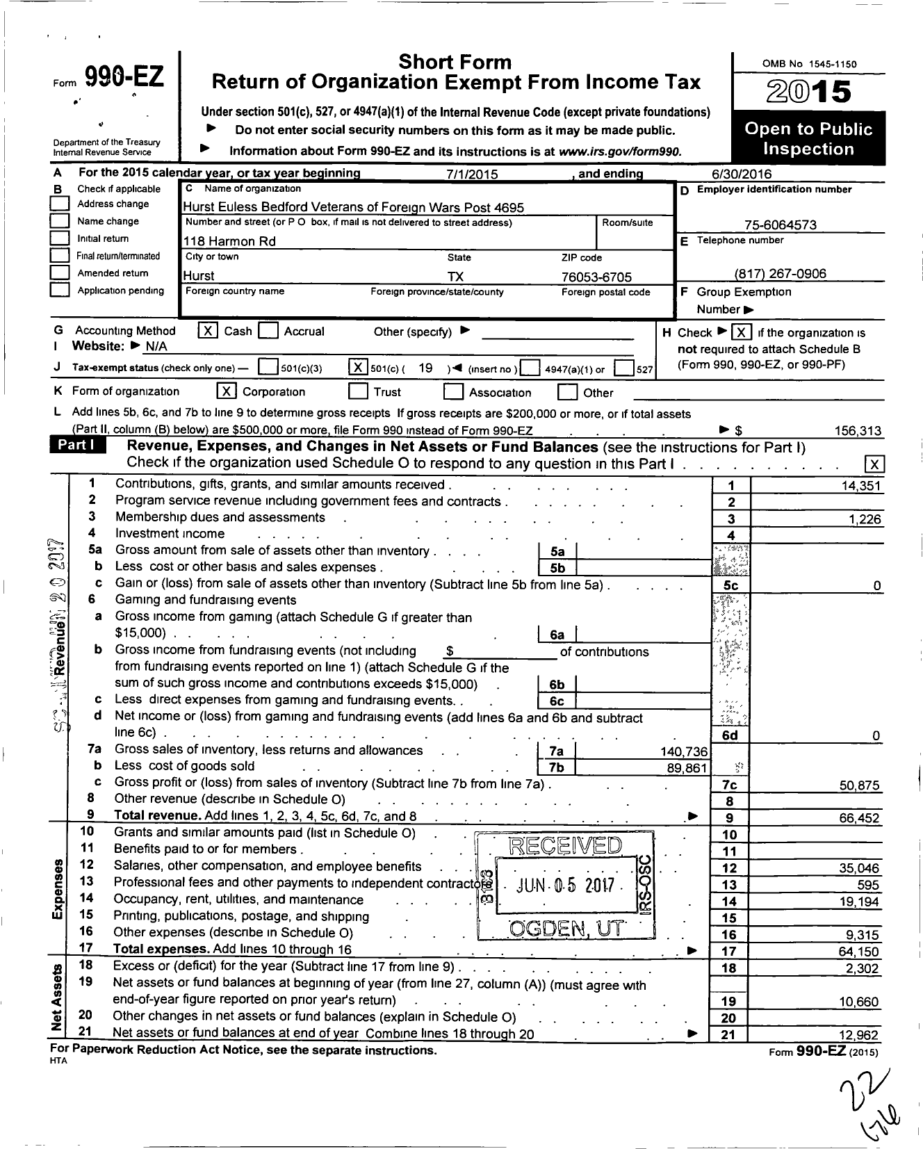 Image of first page of 2015 Form 990EO for Texas VFW - 4695 Hurst-Euless-Bedford Post