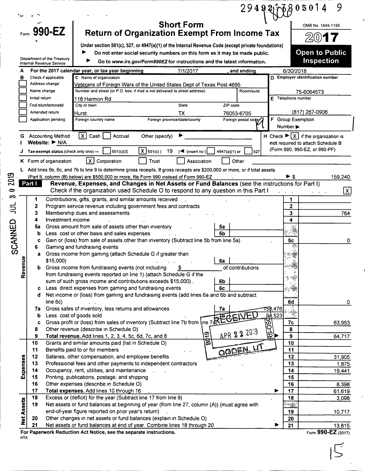 Image of first page of 2017 Form 990EO for Texas VFW - 4695 Hurst-Euless-Bedford Post