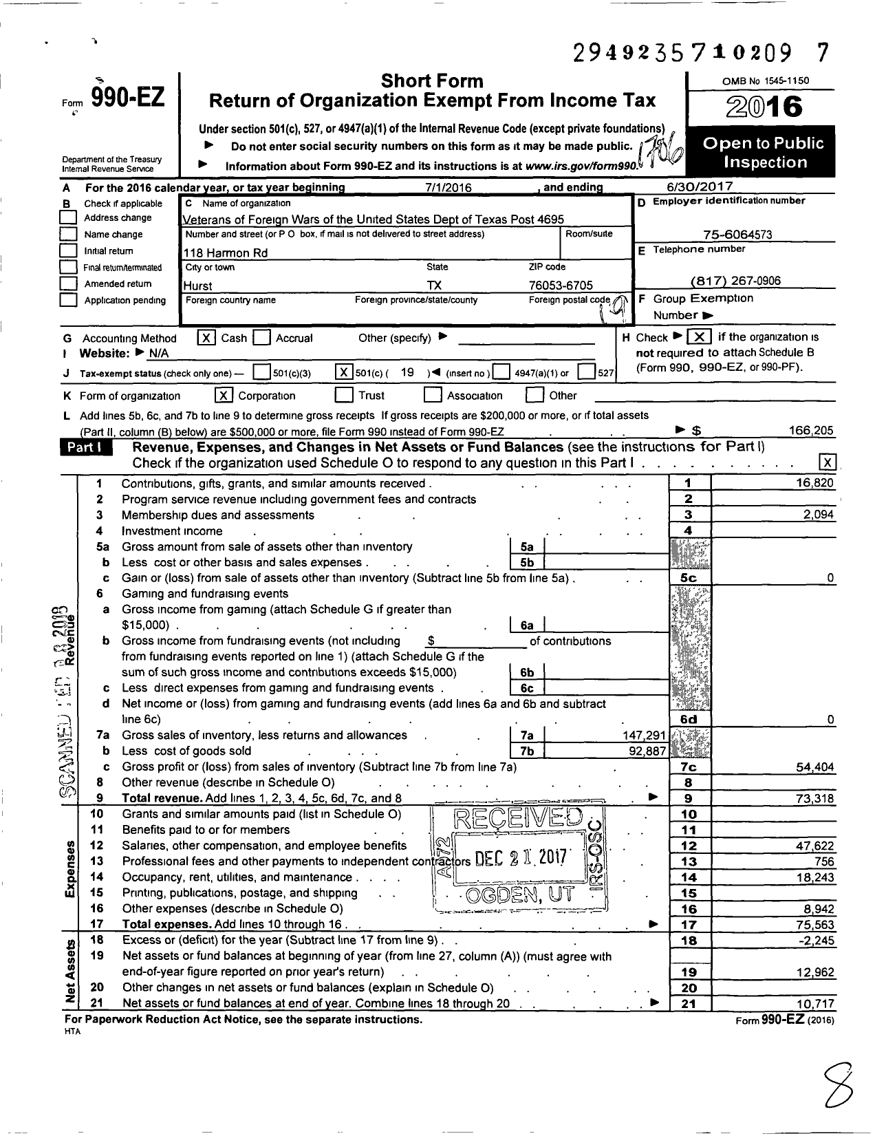 Image of first page of 2016 Form 990EO for Texas VFW - 4695 Hurst-Euless-Bedford Post