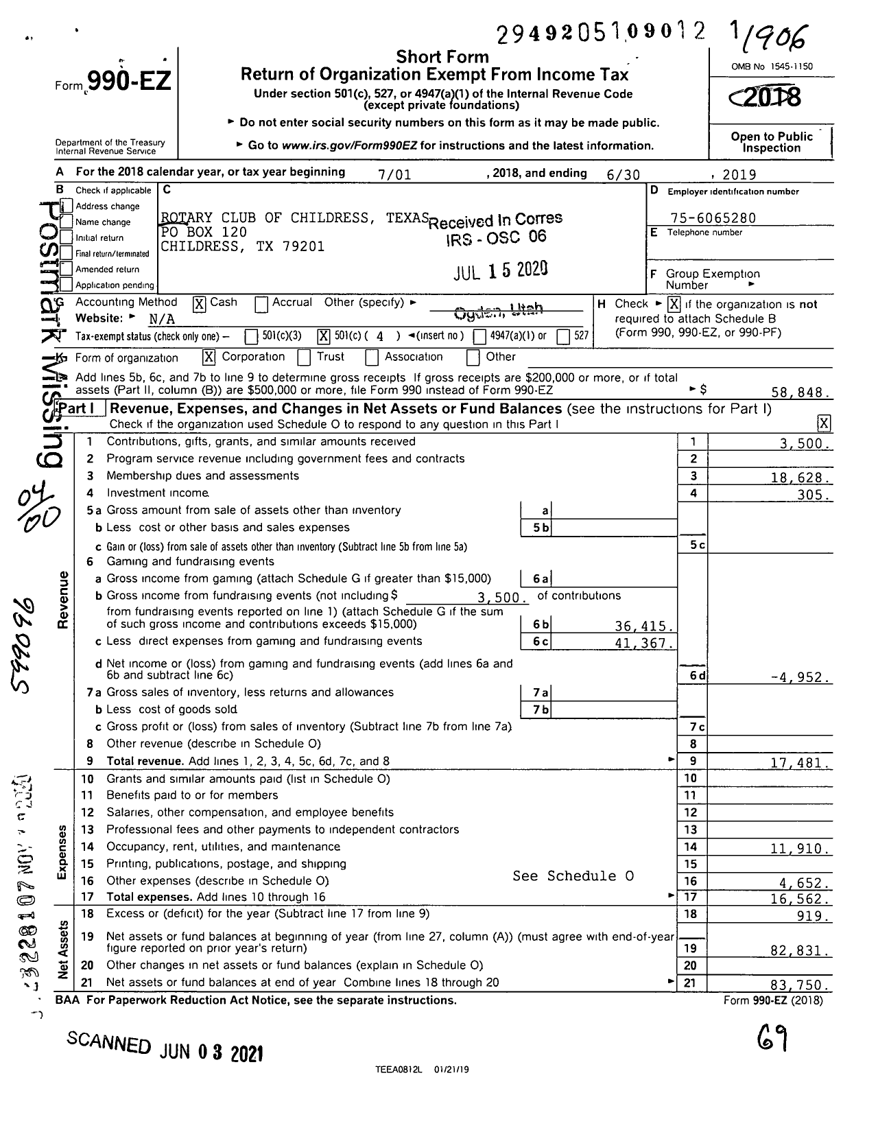 Image of first page of 2018 Form 990EO for Rotary International - Childress Rotary Club