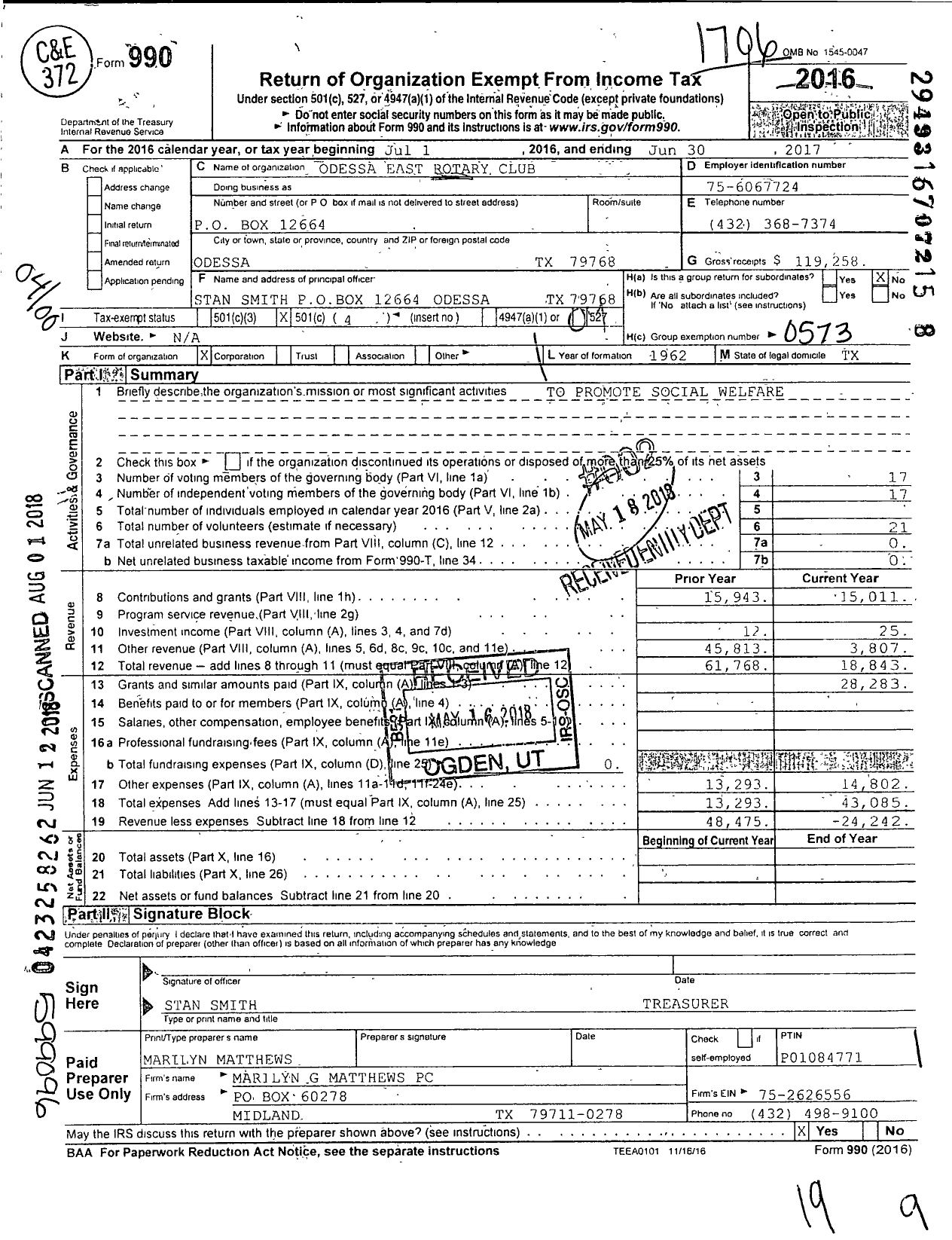 Image of first page of 2016 Form 990O for Rotary International - Odessa East Rotary Club