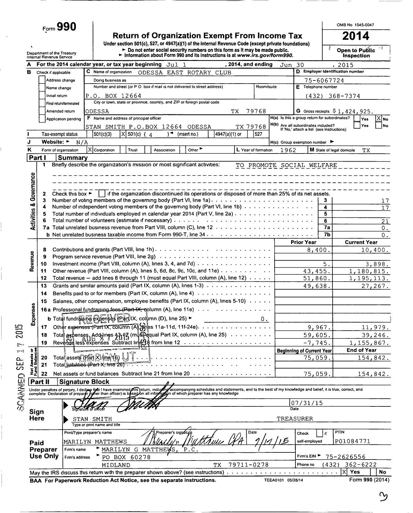 Image of first page of 2014 Form 990O for Rotary International - Odessa East Rotary Club