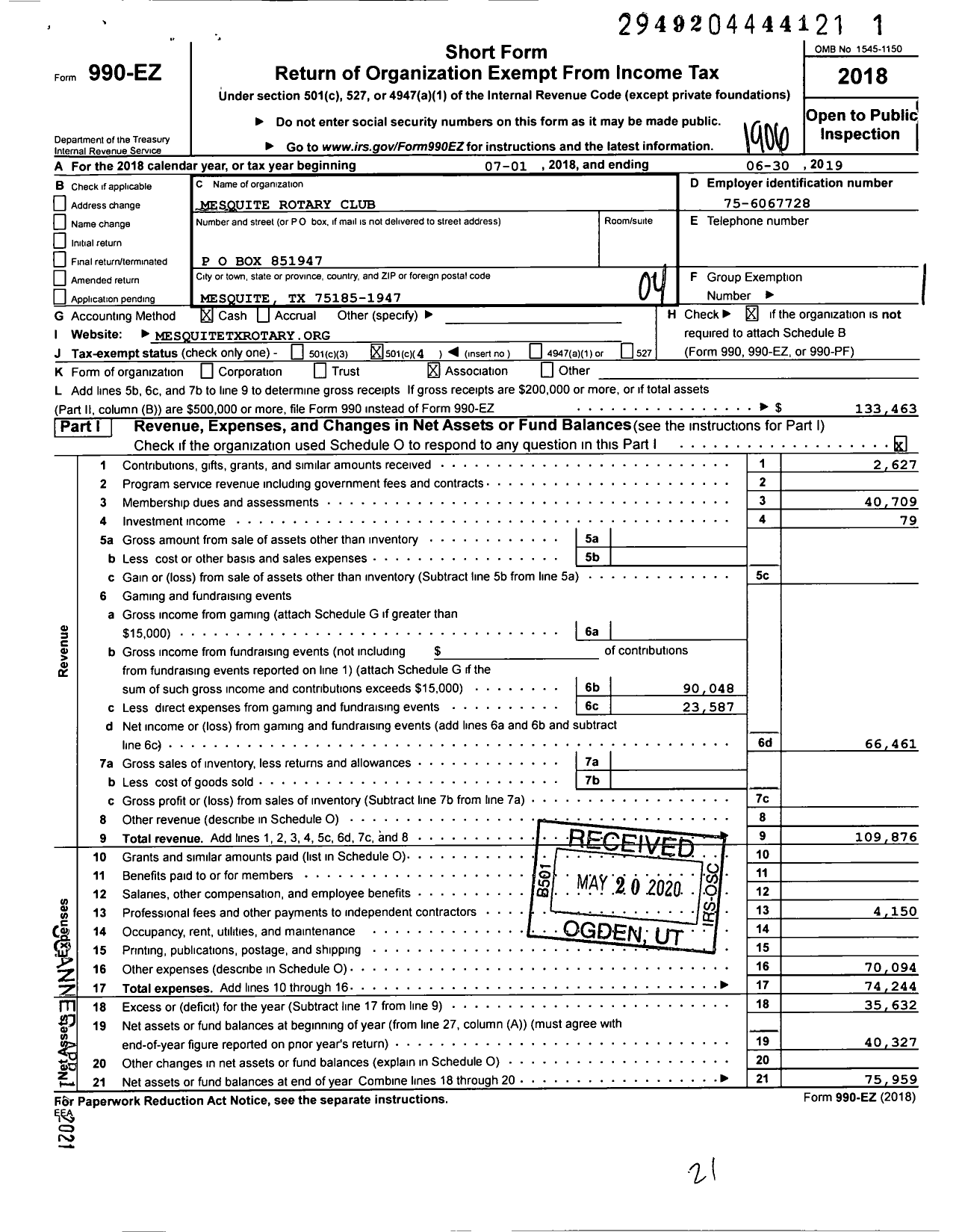 Image of first page of 2018 Form 990EO for Rotary International - Rotary Club of Mesquite TX USA