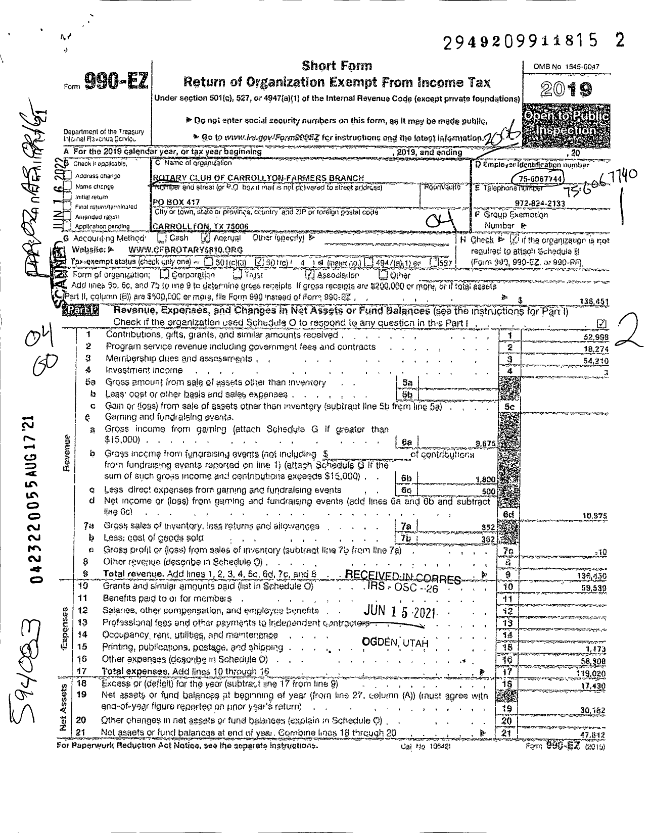 Image of first page of 2019 Form 990EO for Rotary International - Carrollton-Farmers Branch