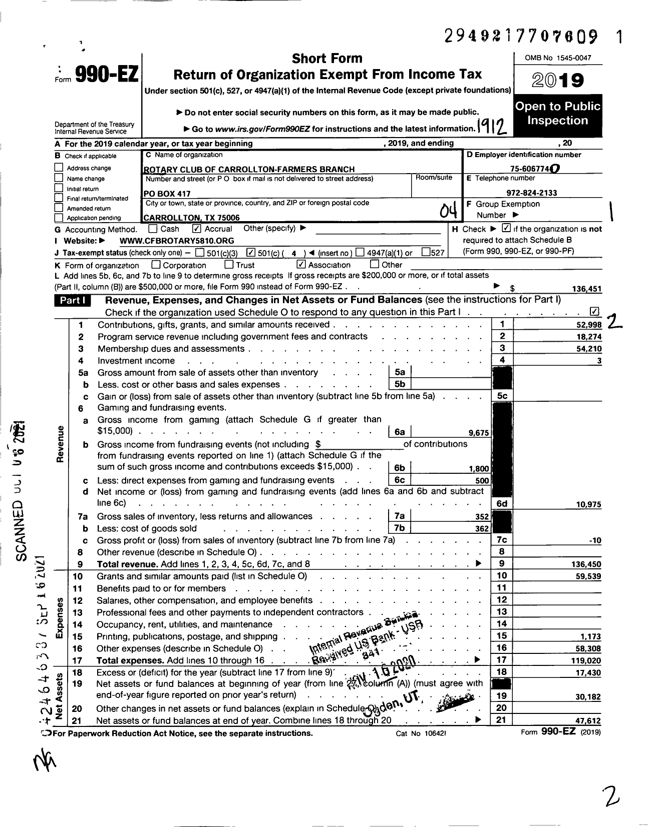 Image of first page of 2019 Form 990EO for Rotary International - Carrollton-Farmers Branch