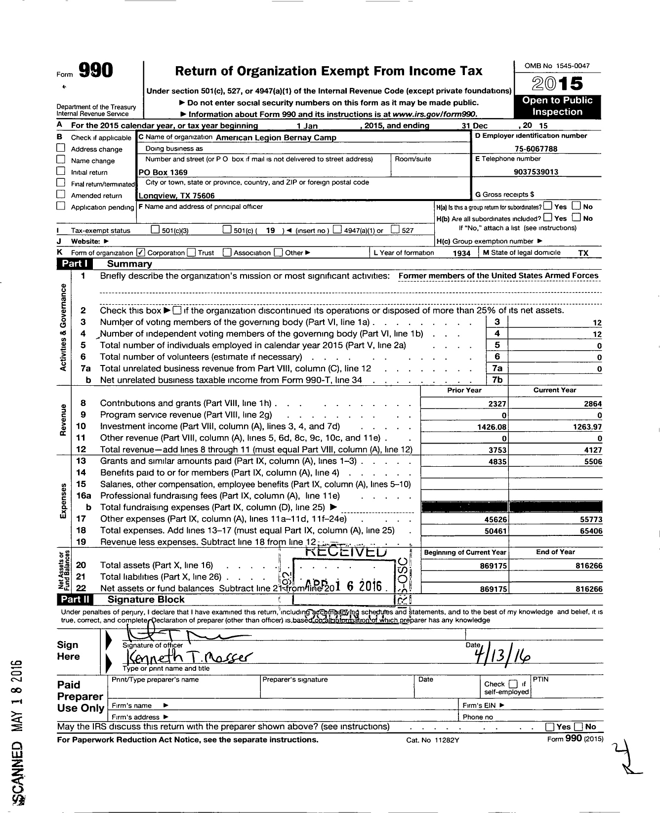 Image of first page of 2015 Form 990O for American Legion - 140 M L Mike Anglin