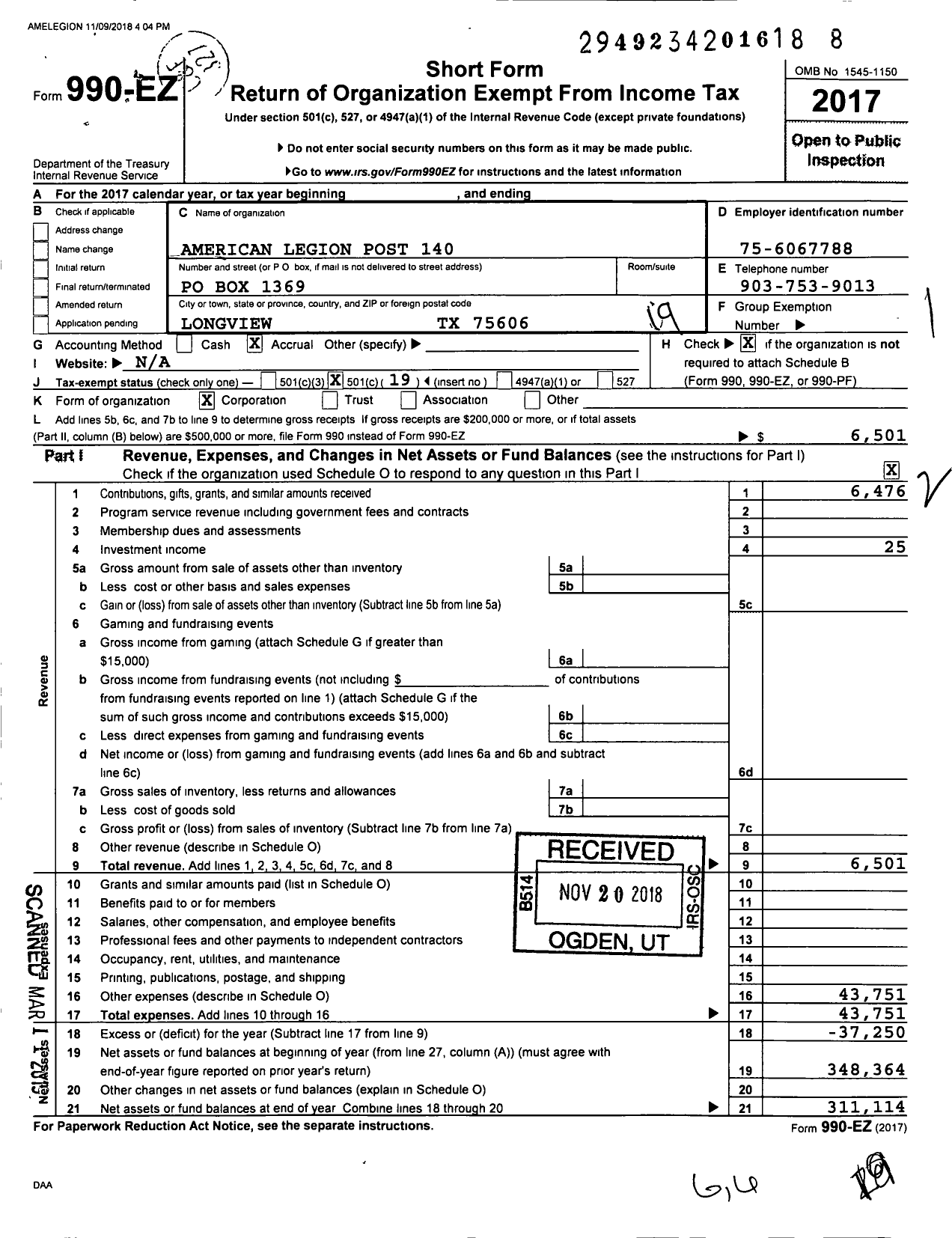 Image of first page of 2017 Form 990EO for American Legion - 140 M L Mike Anglin