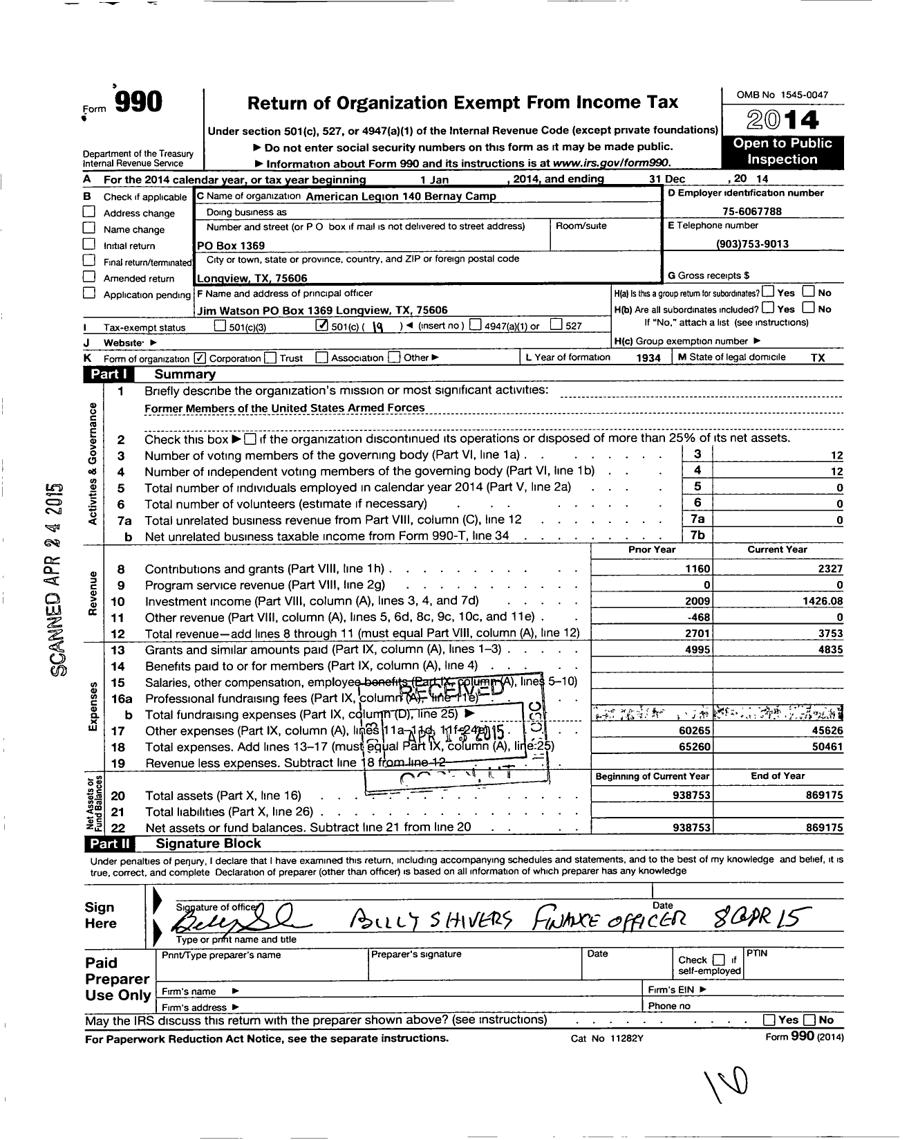 Image of first page of 2014 Form 990O for American Legion - 140 M L Mike Anglin