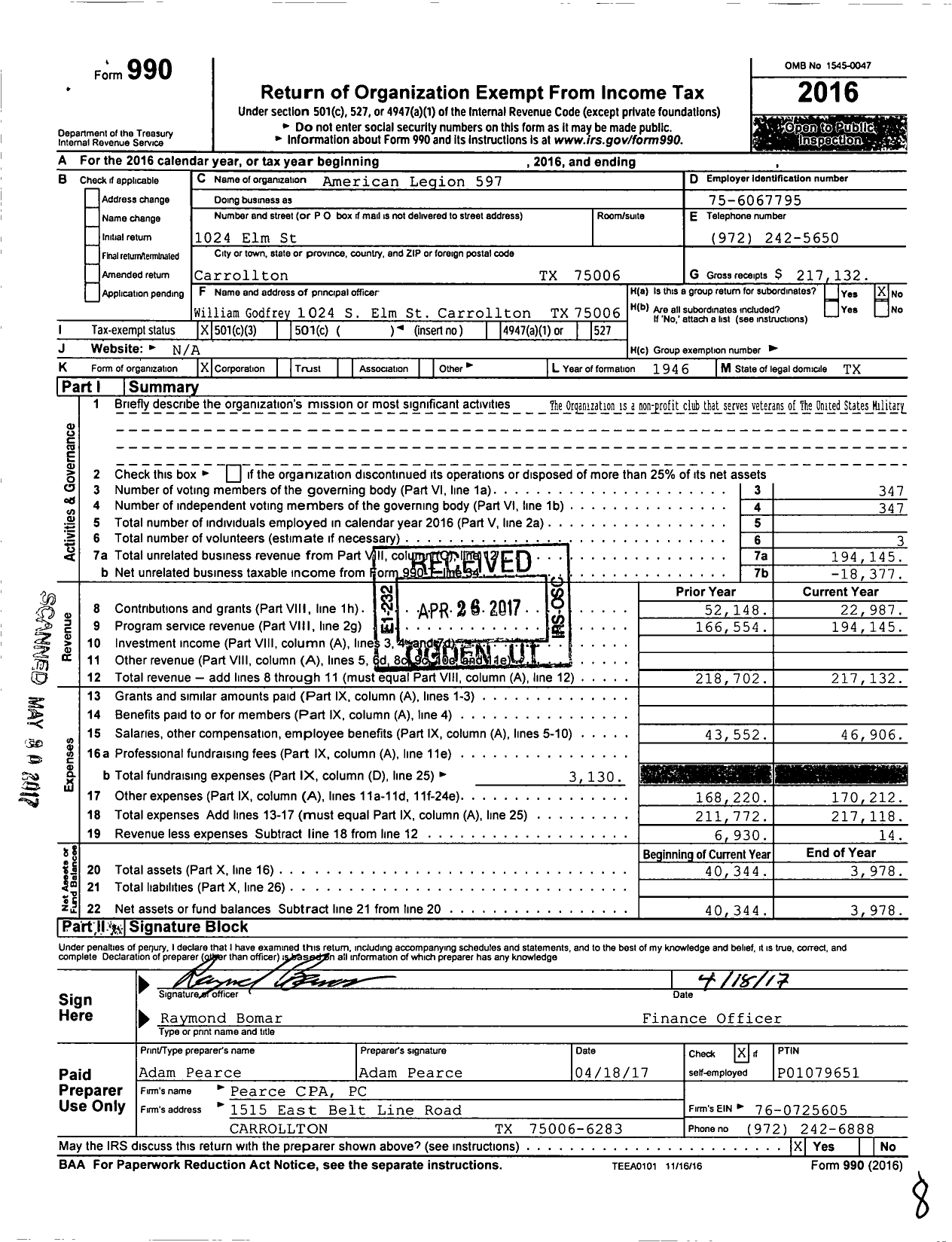 Image of first page of 2016 Form 990 for American Legion - 597 Carrollton