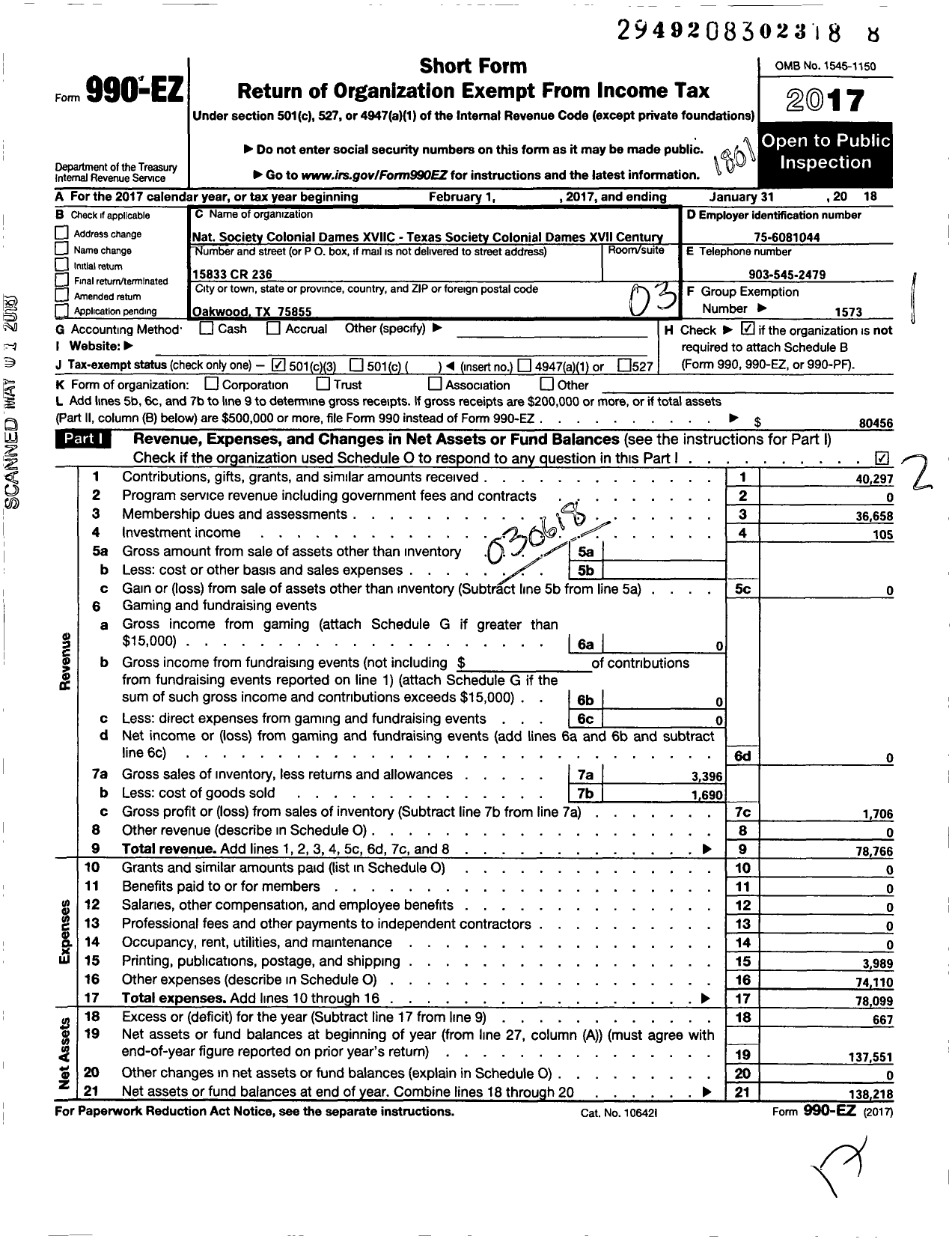 Image of first page of 2017 Form 990EZ for National Society Colonial Dames Xvii Century / Texas Society Colonial Dames Xviic