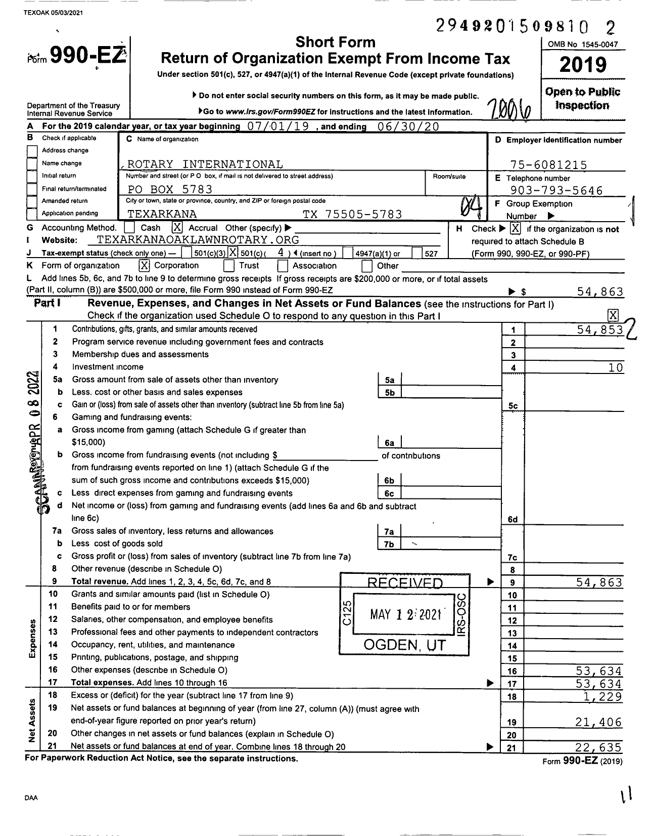 Image of first page of 2019 Form 990EO for Rotary International - Texarkana