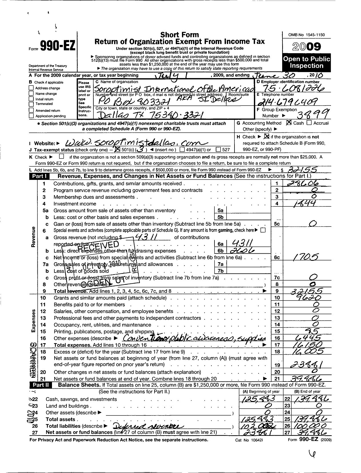 Image of first page of 2009 Form 990EZ for Soroptimist International of the Americas - 106306 Dallas TX