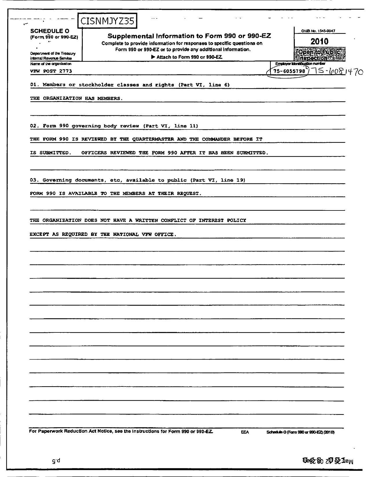 Image of first page of 2010 Form 990OR for Veterans of Foreign Wars of the Us Dept of Texas Auxiliary - 2772 Sherman VFW Auxiliary