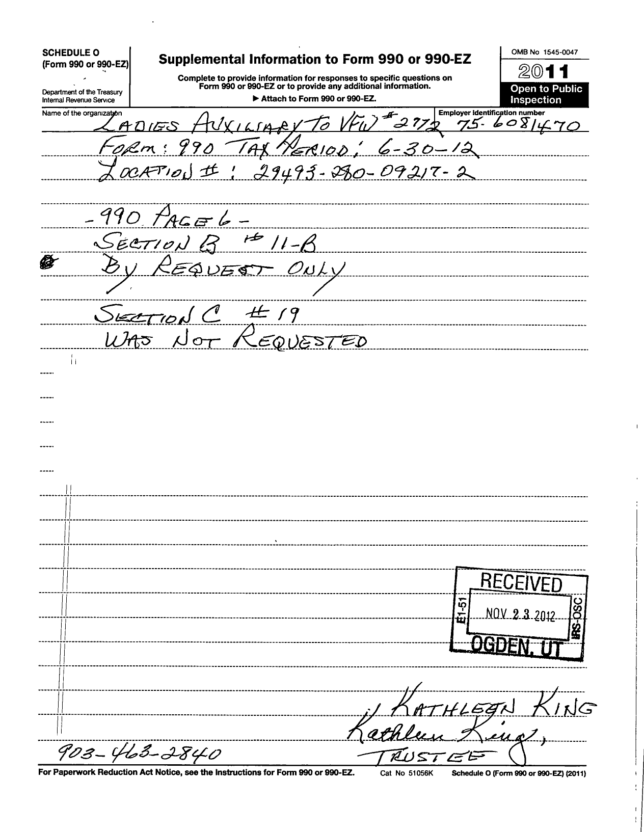 Image of first page of 2011 Form 990OR for Veterans of Foreign Wars of the Us Dept of Texas Auxiliary - 2772 Sherman VFW Auxiliary