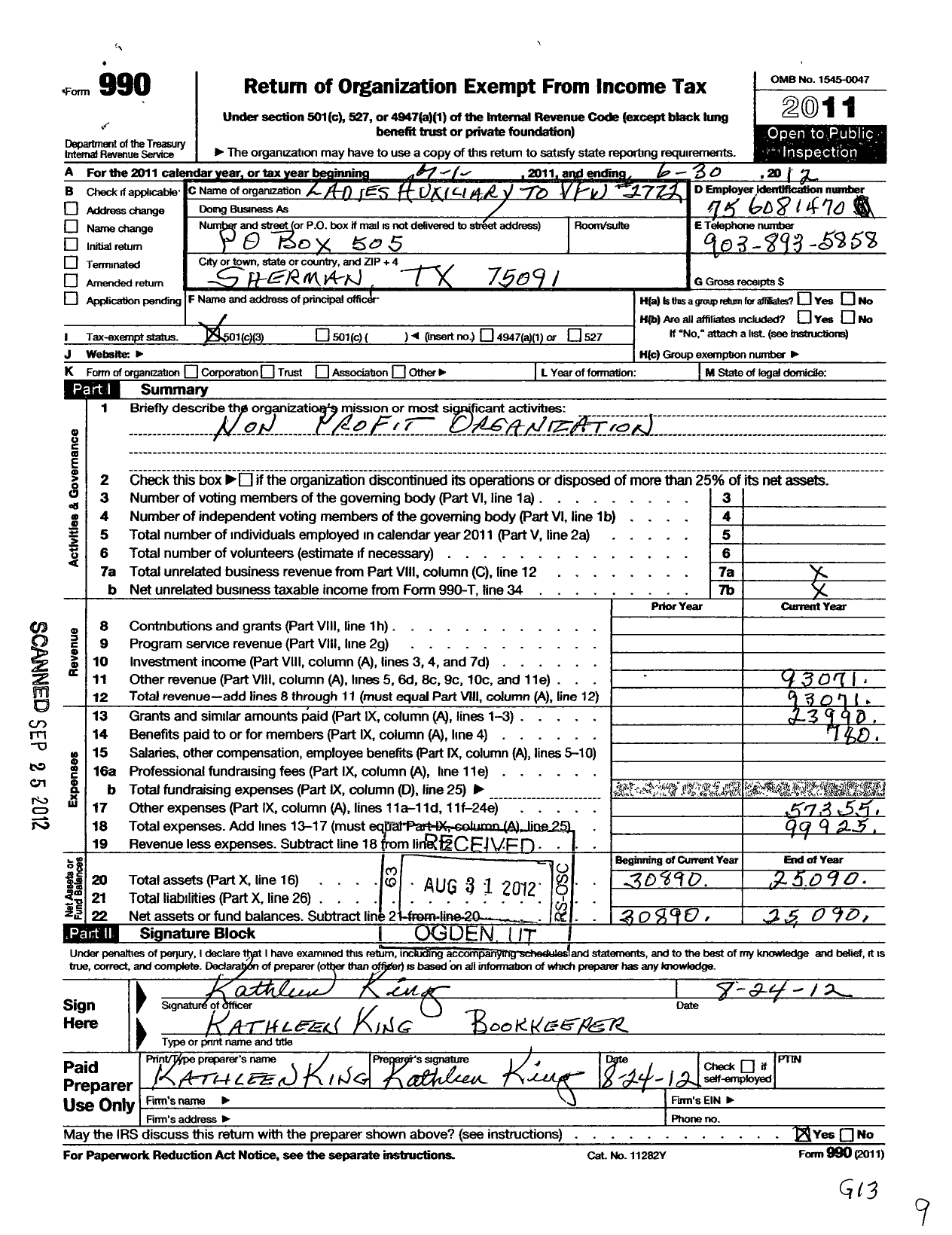 Image of first page of 2011 Form 990 for Veterans of Foreign Wars of the Us Dept of Texas Auxiliary - 2772 Sherman VFW Auxiliary