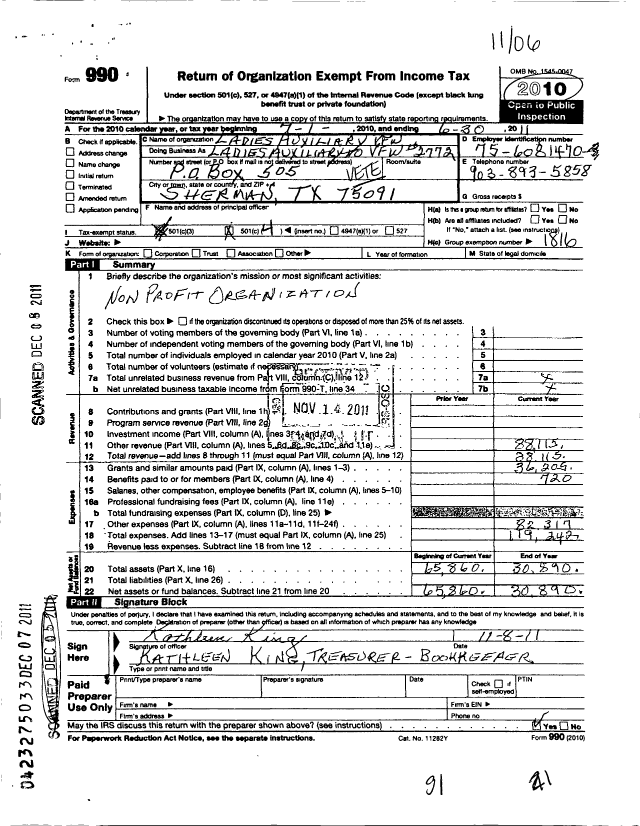 Image of first page of 2010 Form 990O for Veterans of Foreign Wars of the Us Dept of Texas Auxiliary - 2772 Sherman VFW Auxiliary