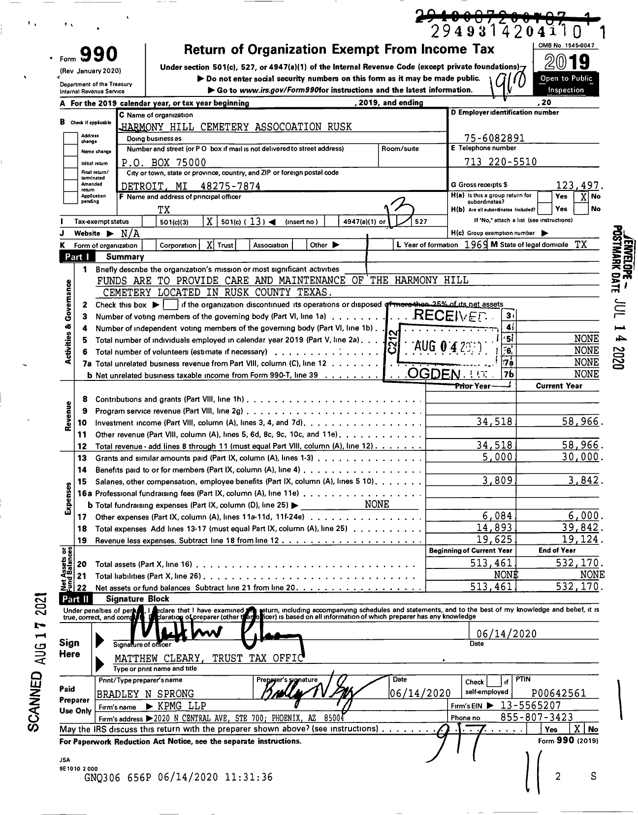 Image of first page of 2019 Form 990O for Harmony Hill Cemetery Assocoation Rusk