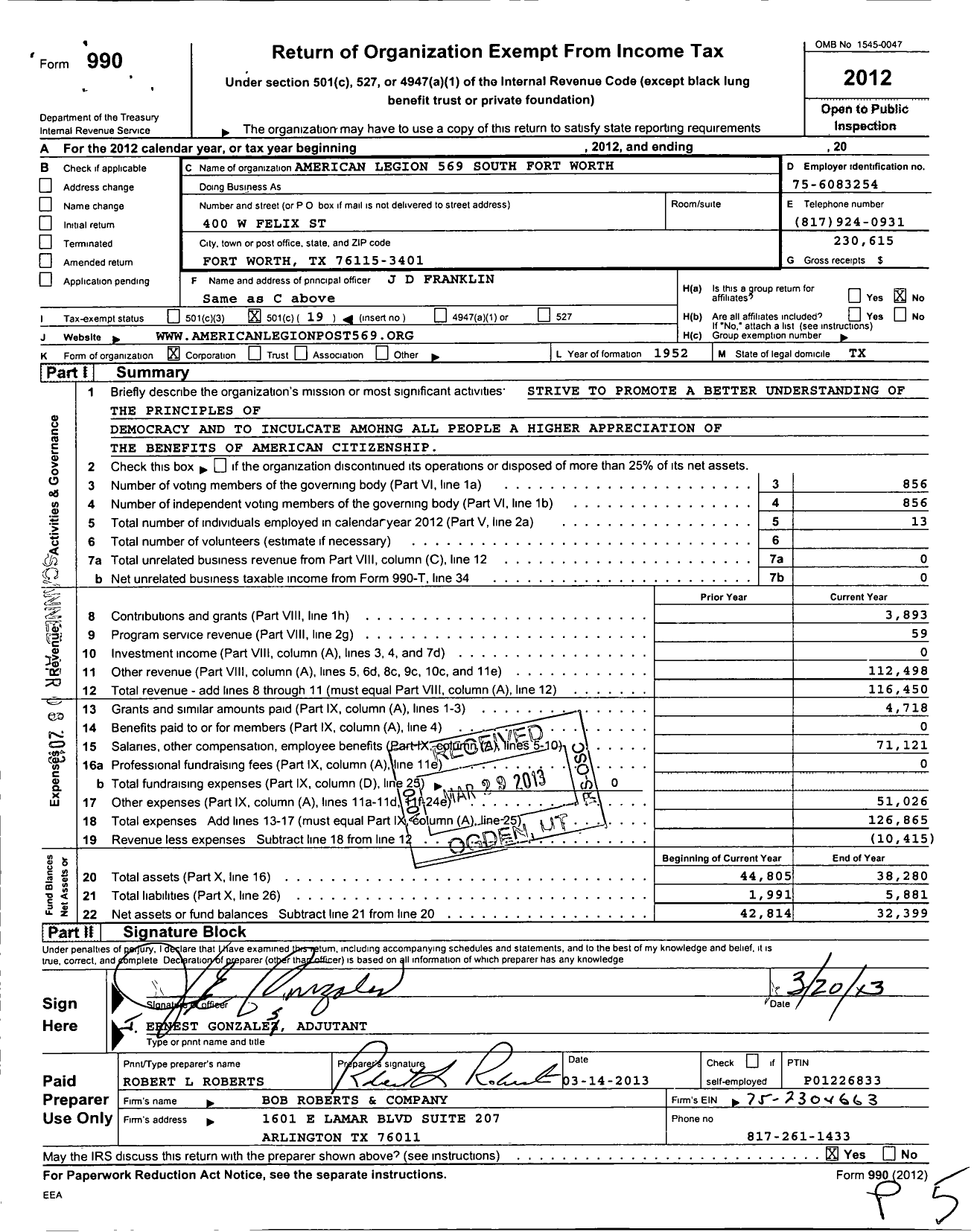 Image of first page of 2012 Form 990O for South Fort Worth Post No 569 the American Legion Dept of Texas