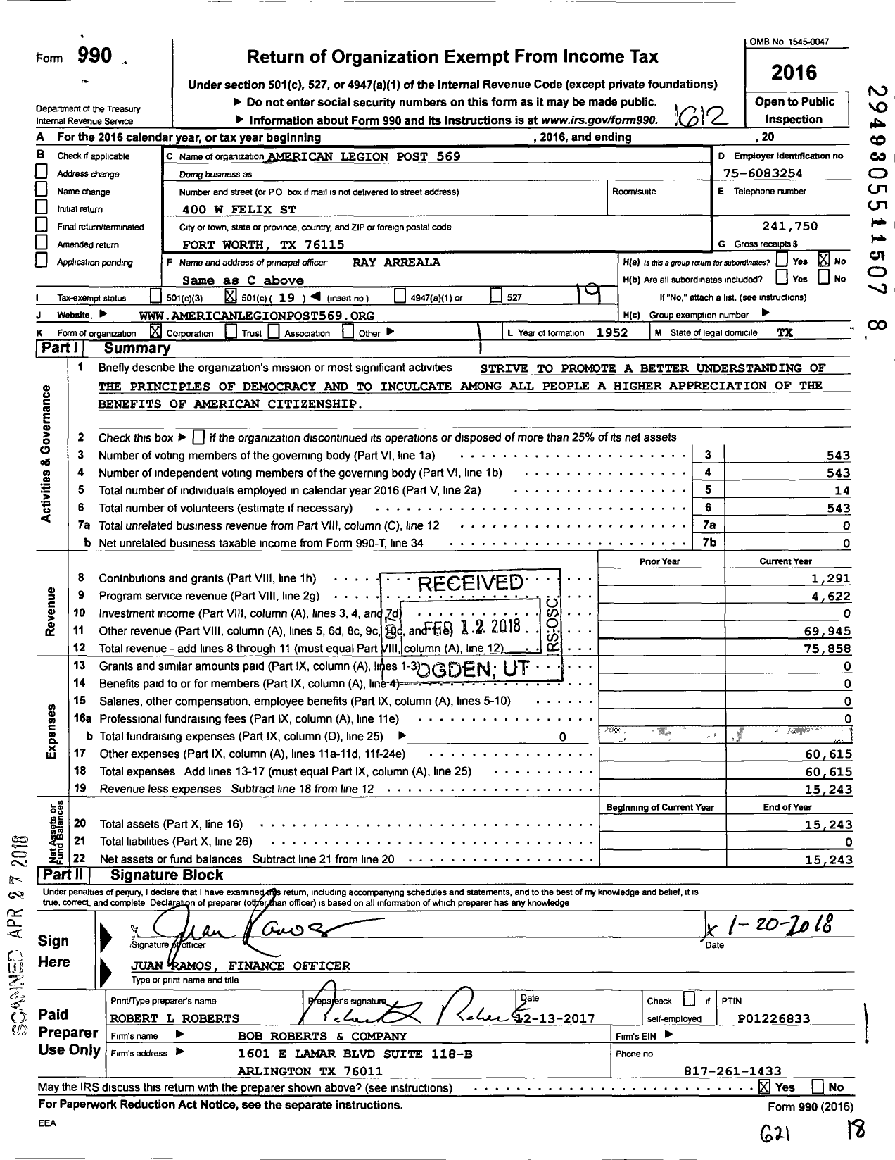 Image of first page of 2016 Form 990O for South Fort Worth Post No 569 the American Legion Dept of Texas