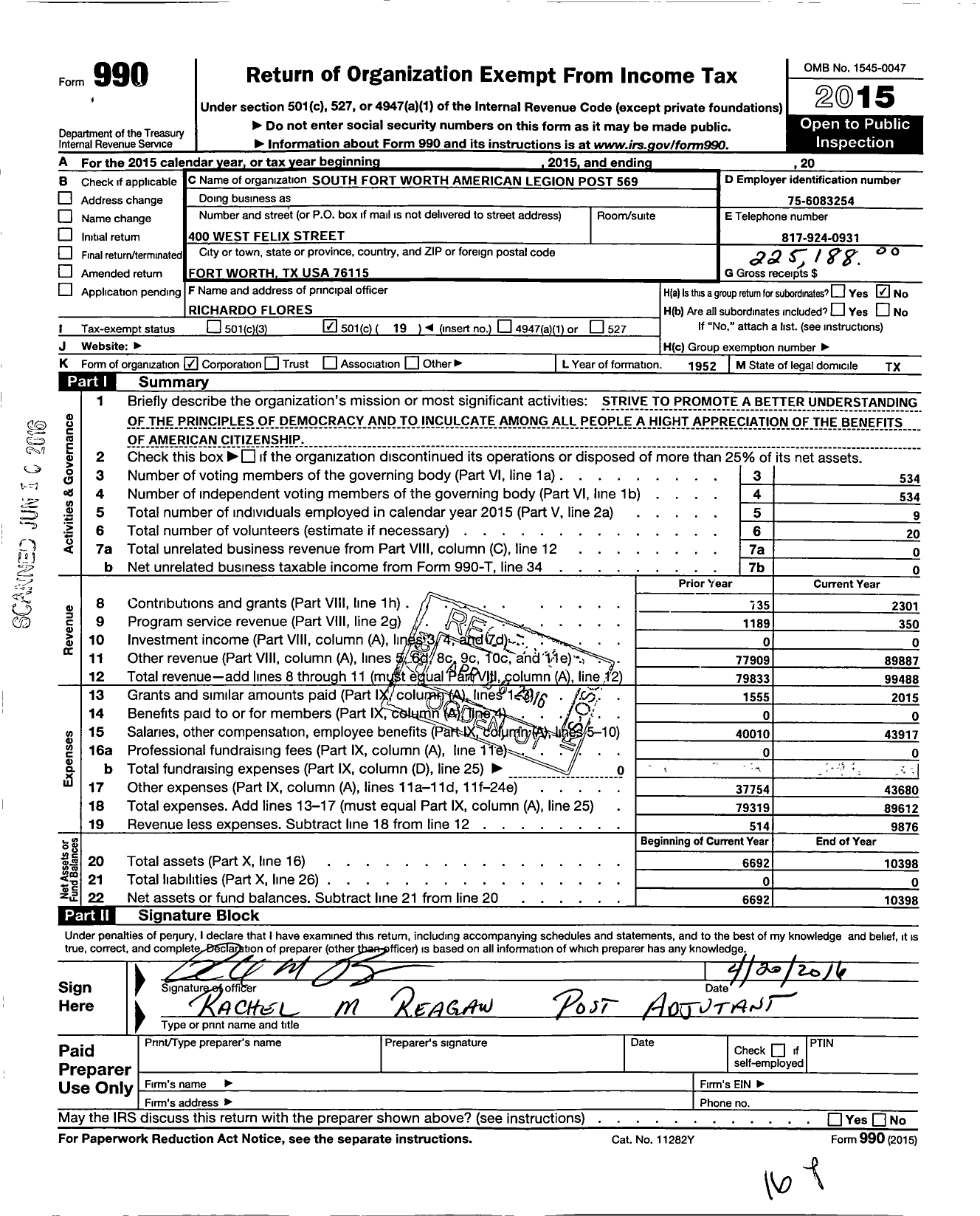 Image of first page of 2015 Form 990O for South Fort Worth Post No 569 the American Legion Dept of Texas