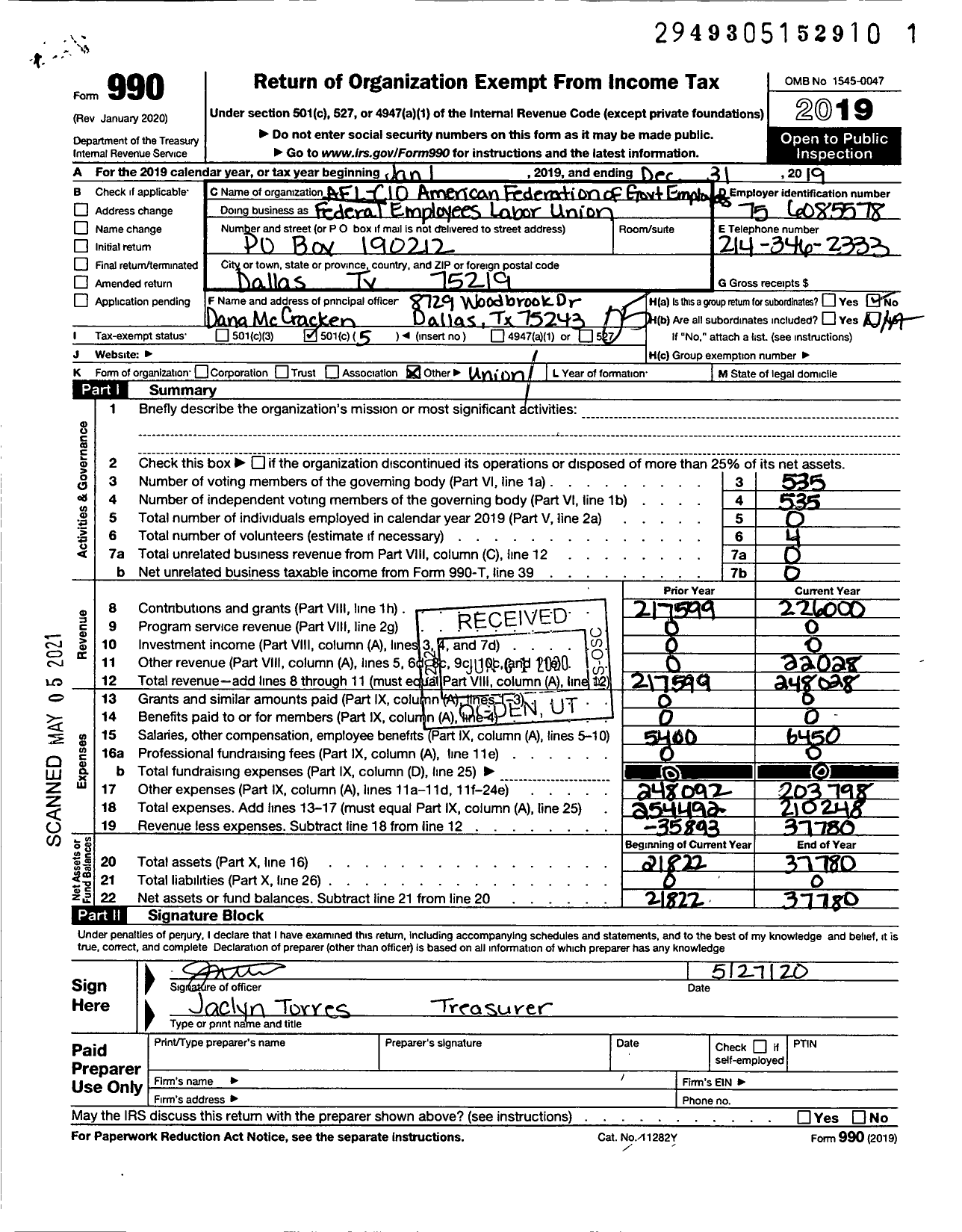 Image of first page of 2019 Form 990O for American Federation of Government Employees - AFGE Local 2727