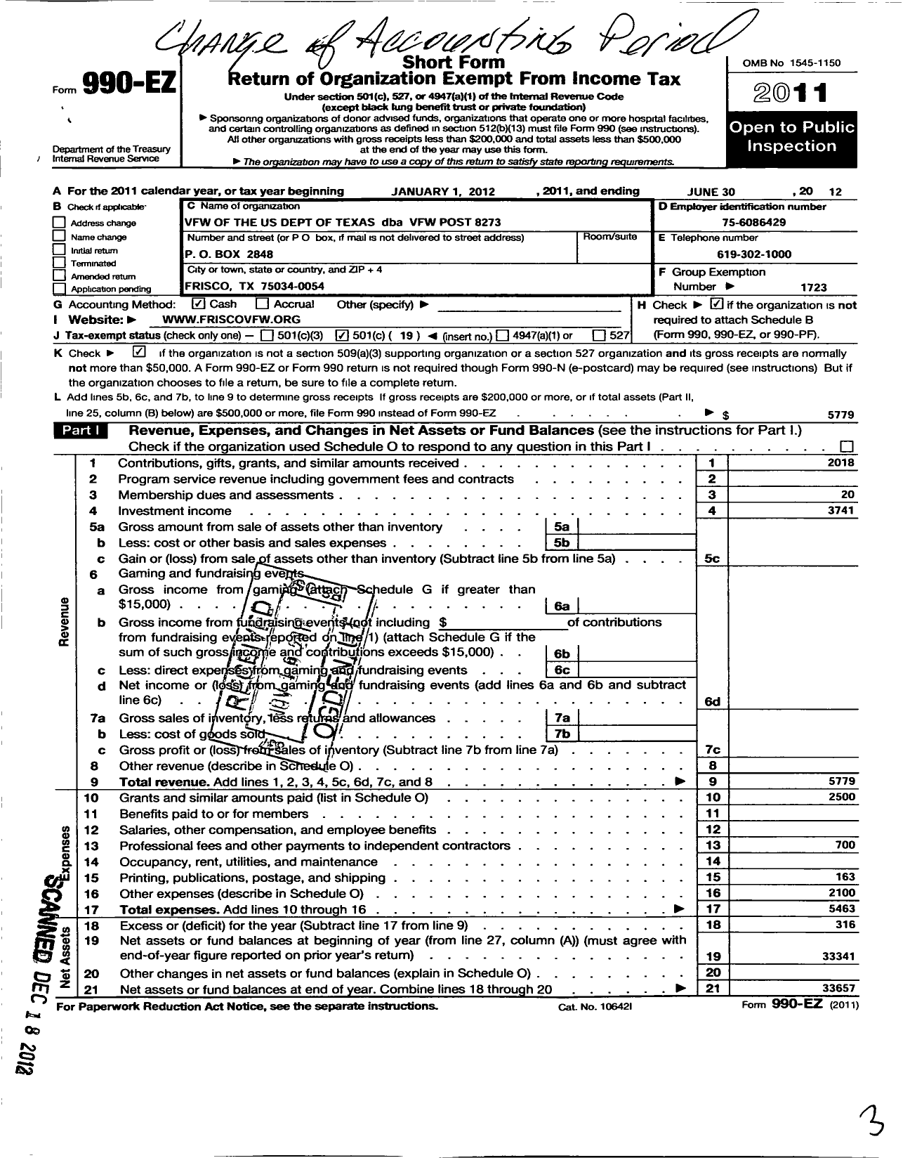 Image of first page of 2011 Form 990EO for Texas VFW - VFW Post 8273