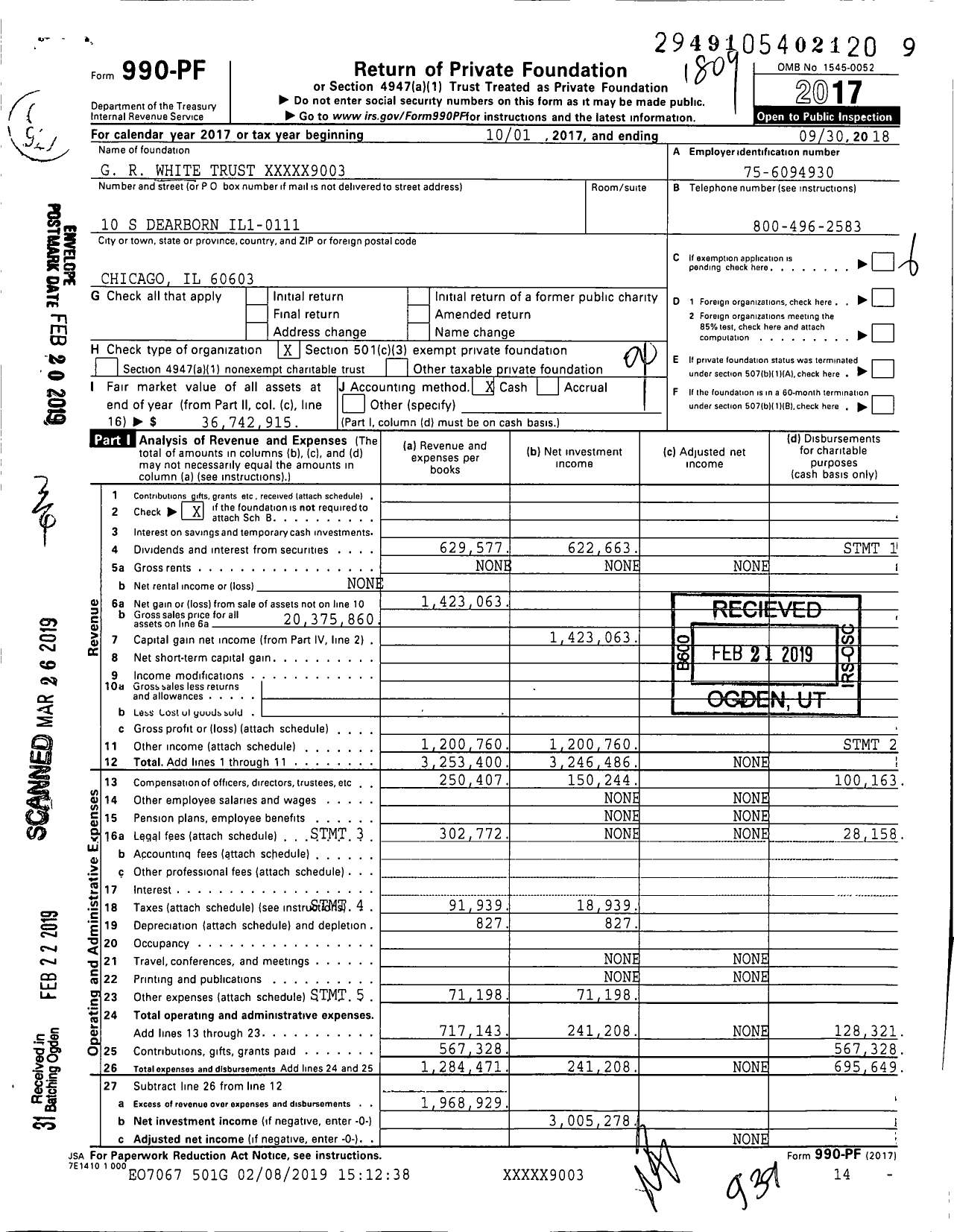Image of first page of 2017 Form 990PF for G. R. White Trust
