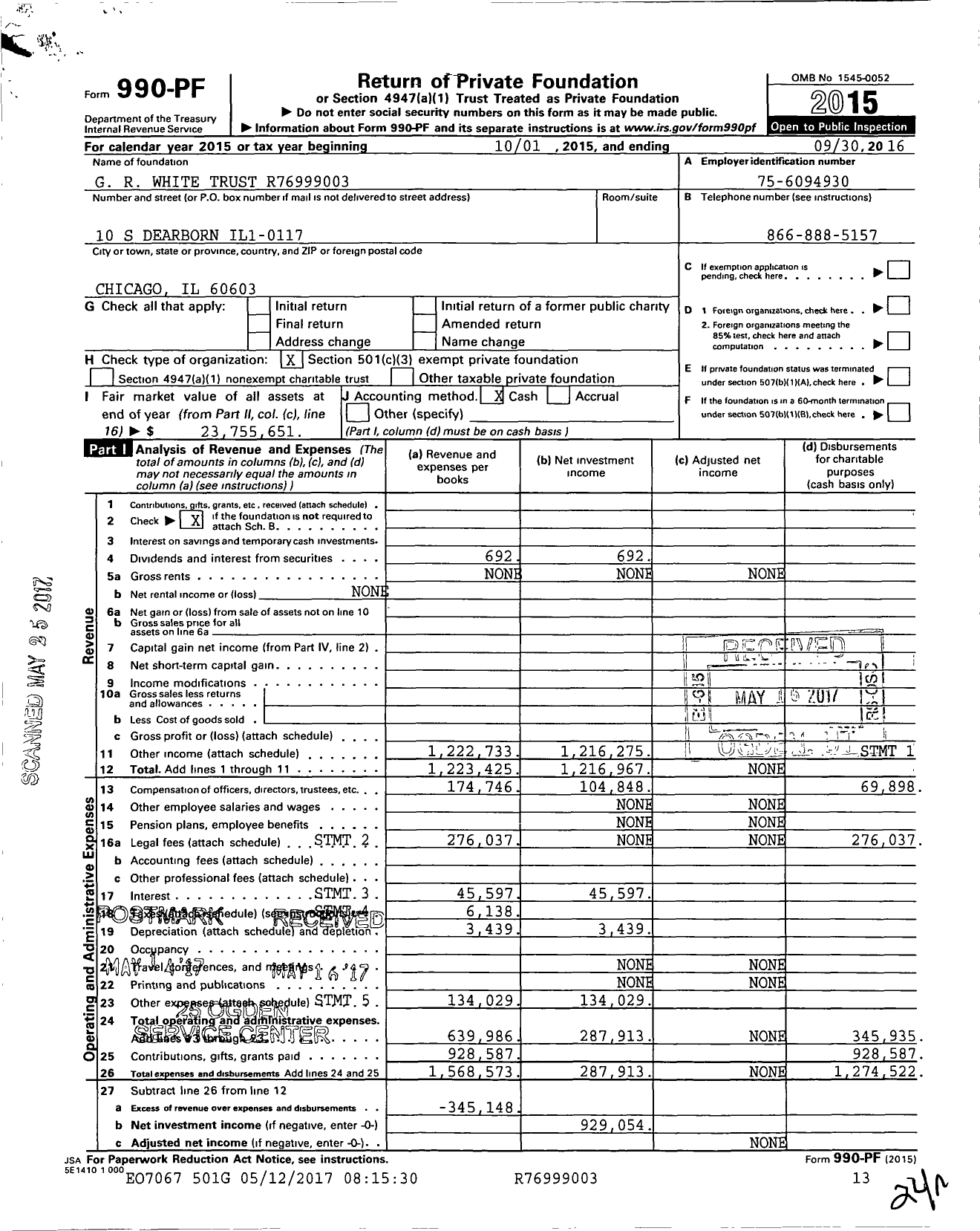 Image of first page of 2015 Form 990PF for G. R. White Trust