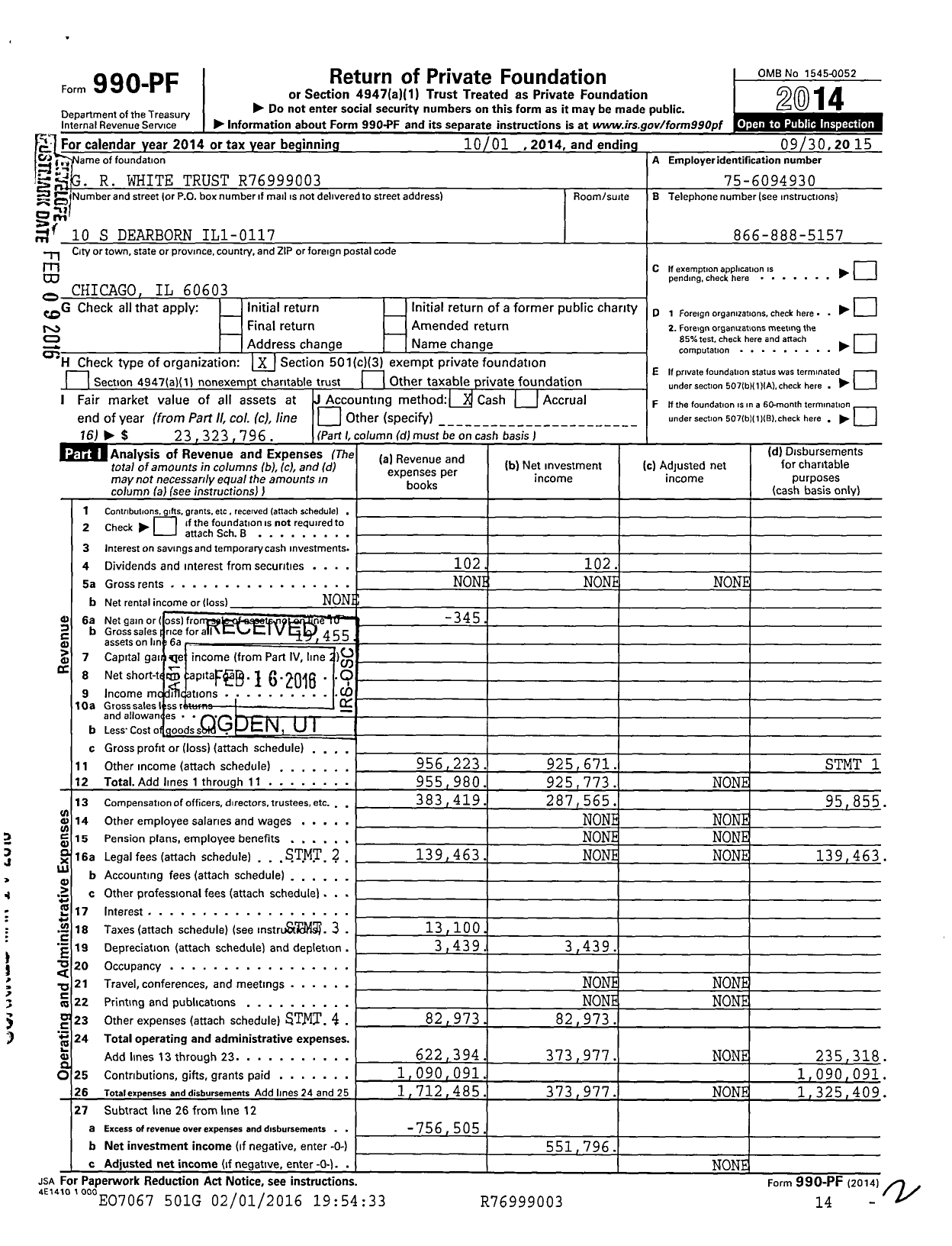 Image of first page of 2014 Form 990PF for G. R. White Trust