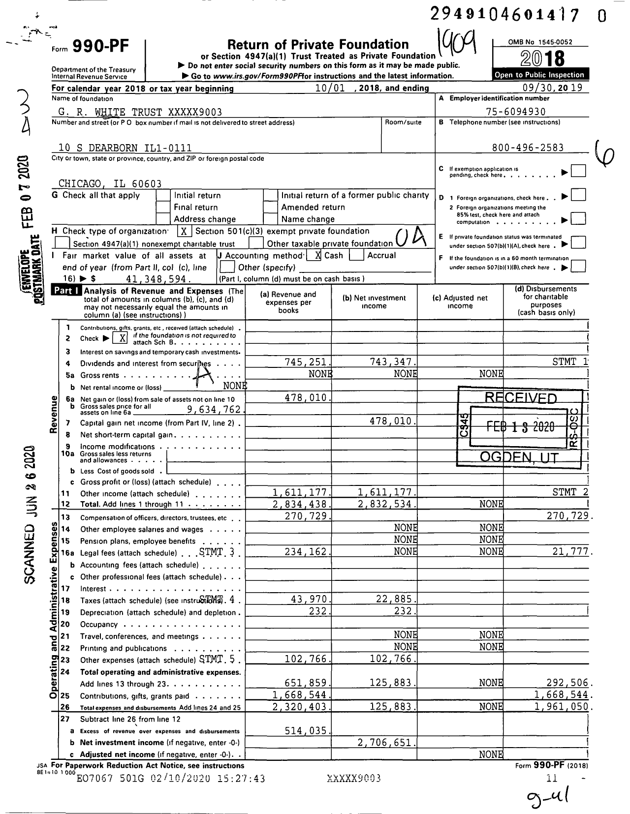 Image of first page of 2018 Form 990PR for G. R. White Trust