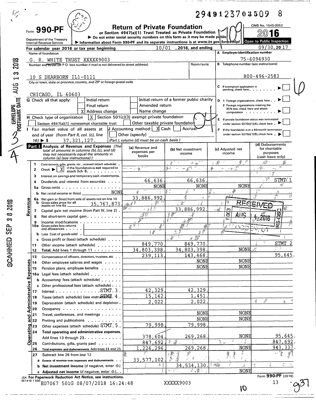 Image of first page of 2016 Form 990PF for G. R. White Trust