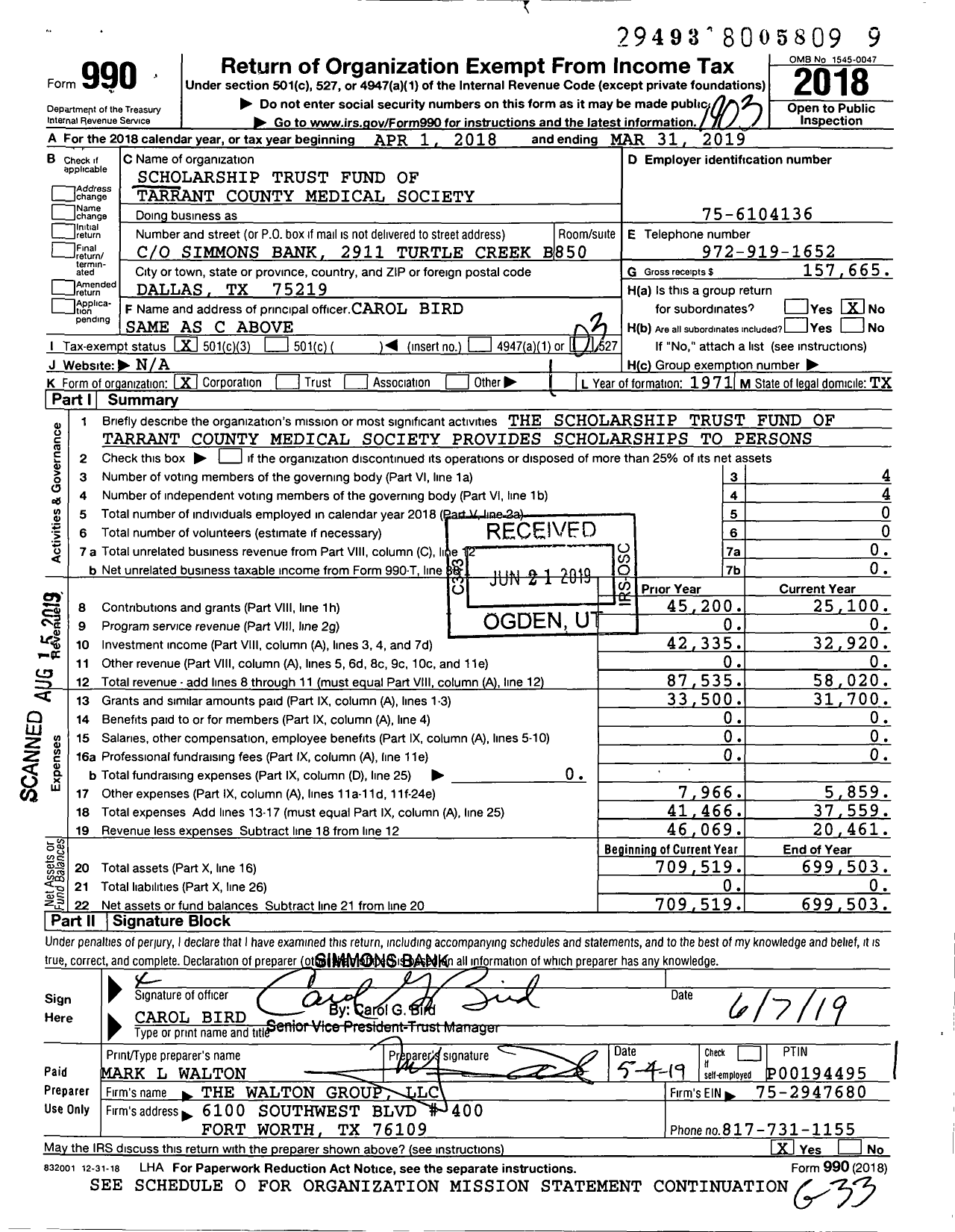 Image of first page of 2018 Form 990 for Tarrant County Medical Society Scholarship Trust Fund