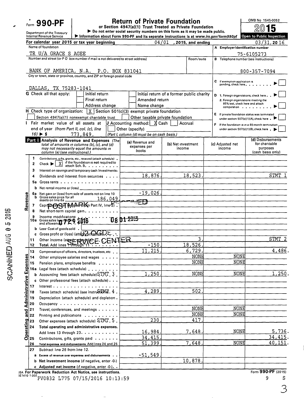Image of first page of 2015 Form 990PF for TR Grace S Agee