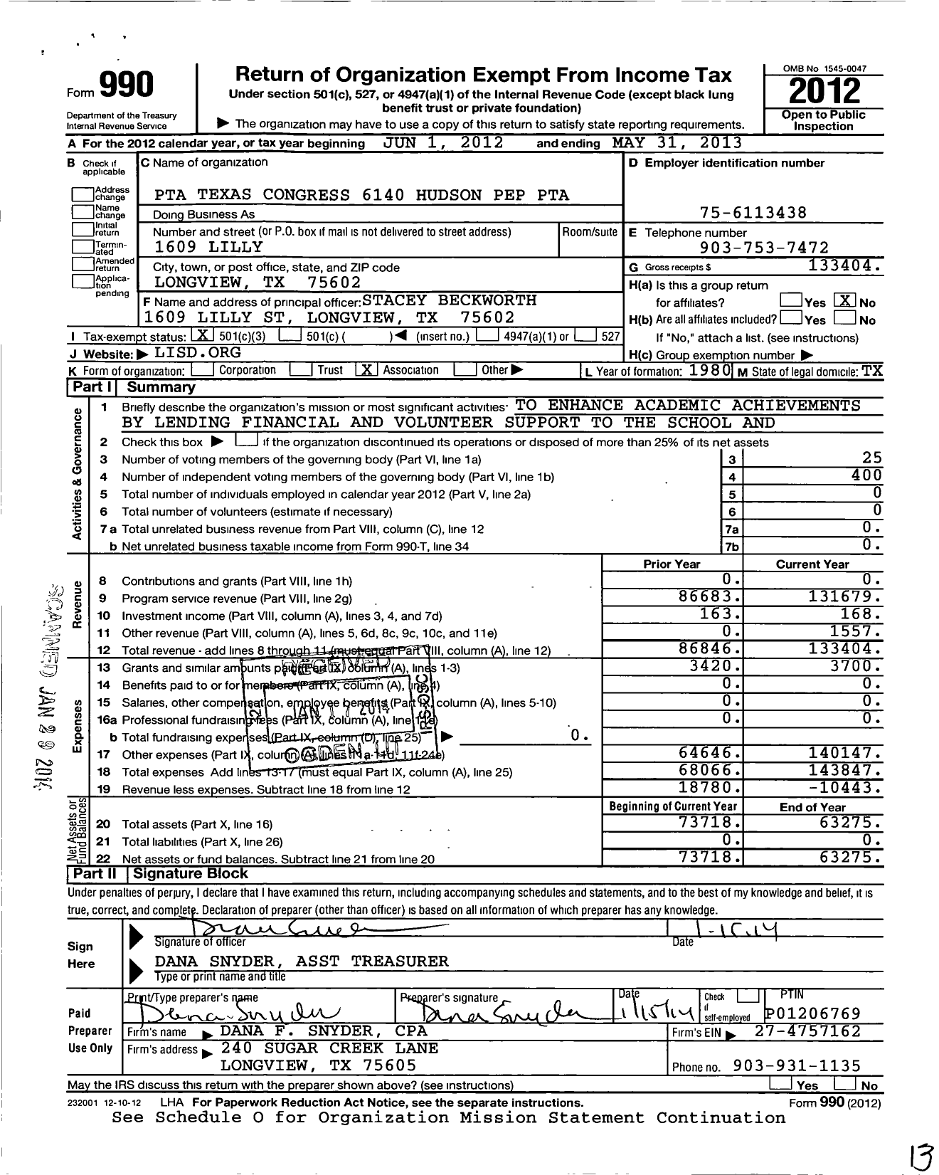 Image of first page of 2012 Form 990 for Texas PTA - 6140 Hudson Pep PTA